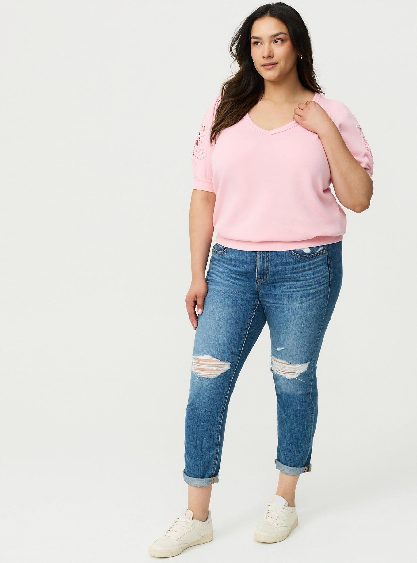 Plus Size Cozy Fleece V-Neck Crochet Sweatshirt, TICKLED PINK, hi-res