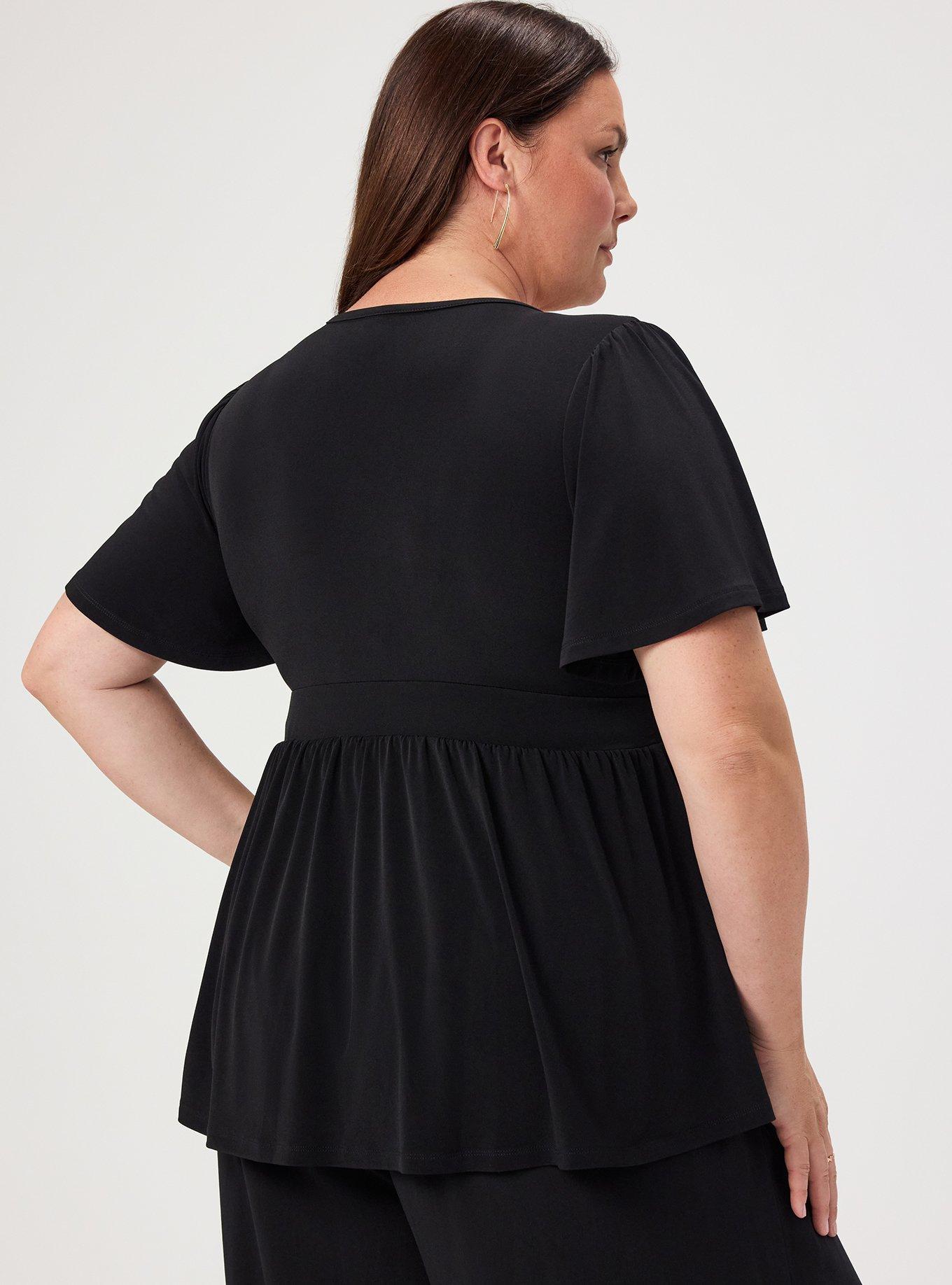Flutter Sleeve Surplice Babydoll Top, DEEP BLACK, alternate