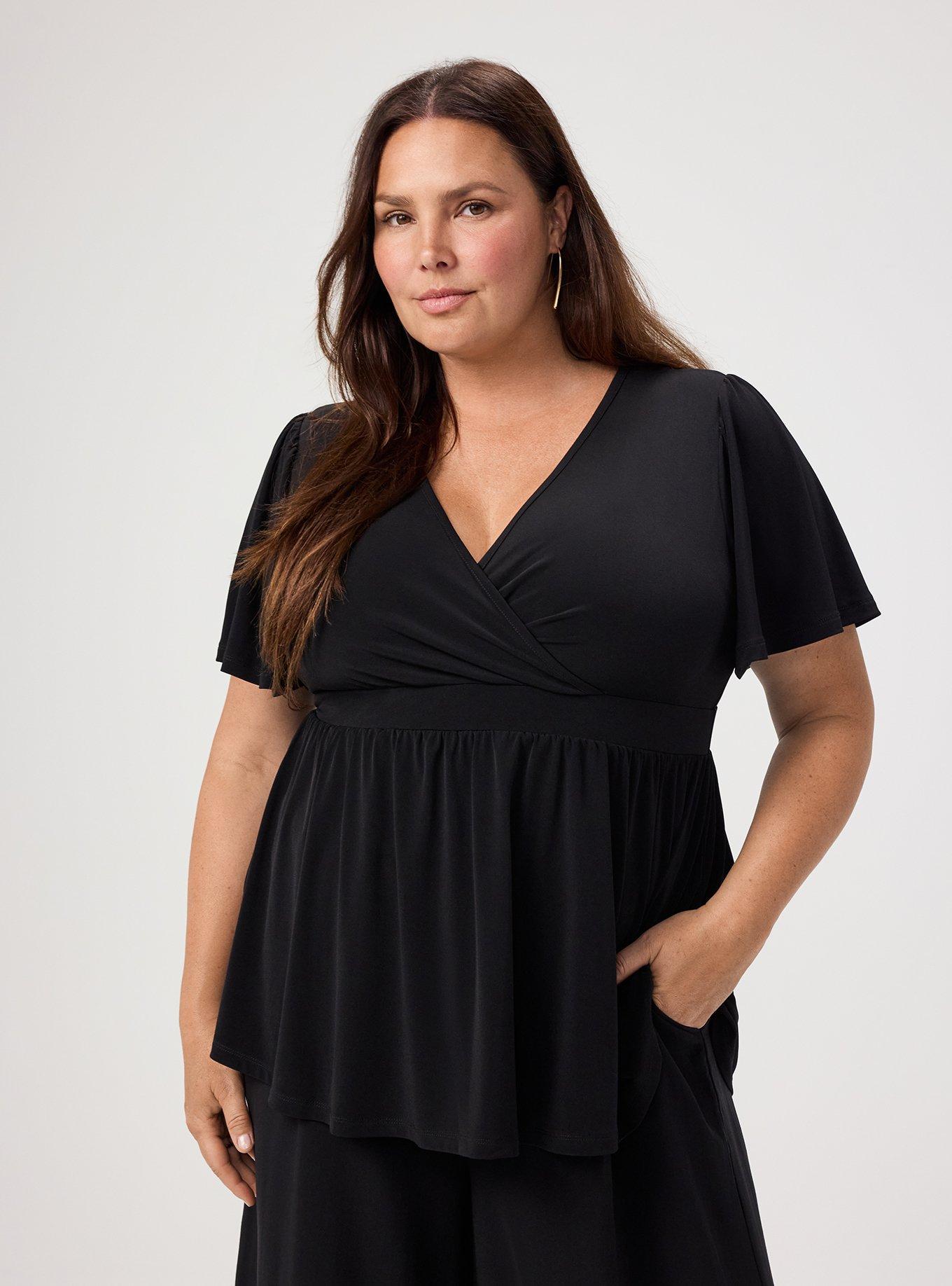 Flutter Sleeve Surplice Babydoll Top, DEEP BLACK, hi-res