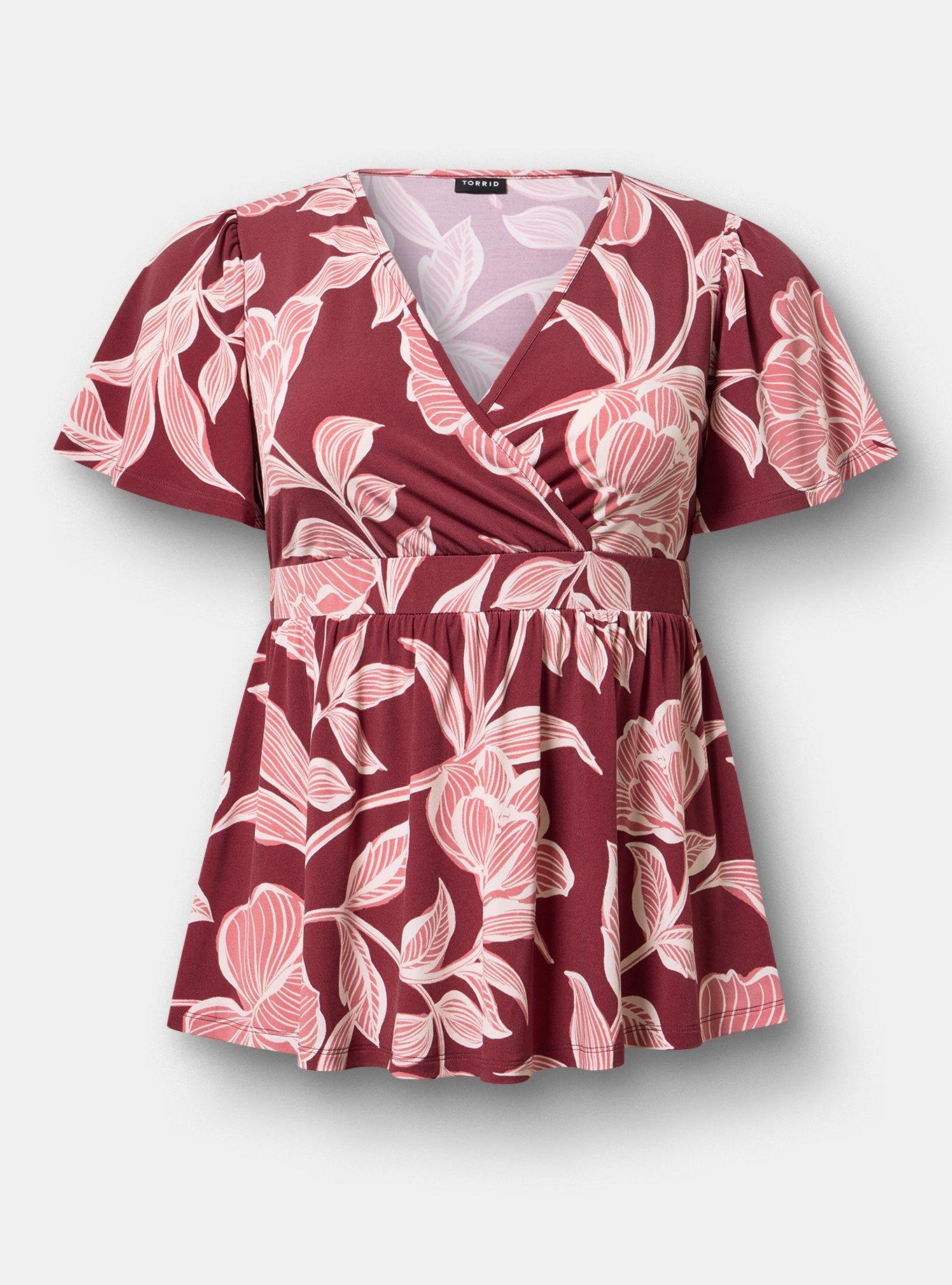 Flutter Sleeve Surplice Babydoll Top, NOVA FLORAL PLUM, flat