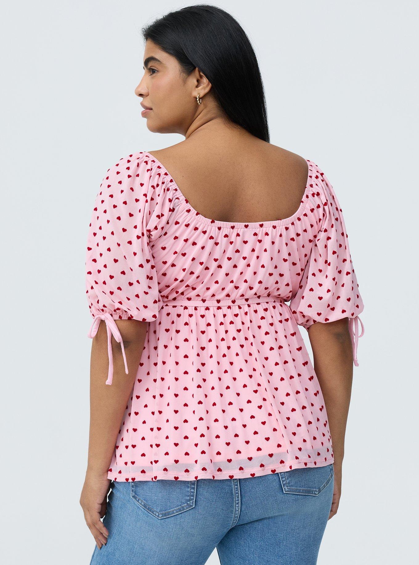 Flocked Mesh Babydoll Top, JESTER RED TICKLED PINK FLOCKED HEARTS, alternate