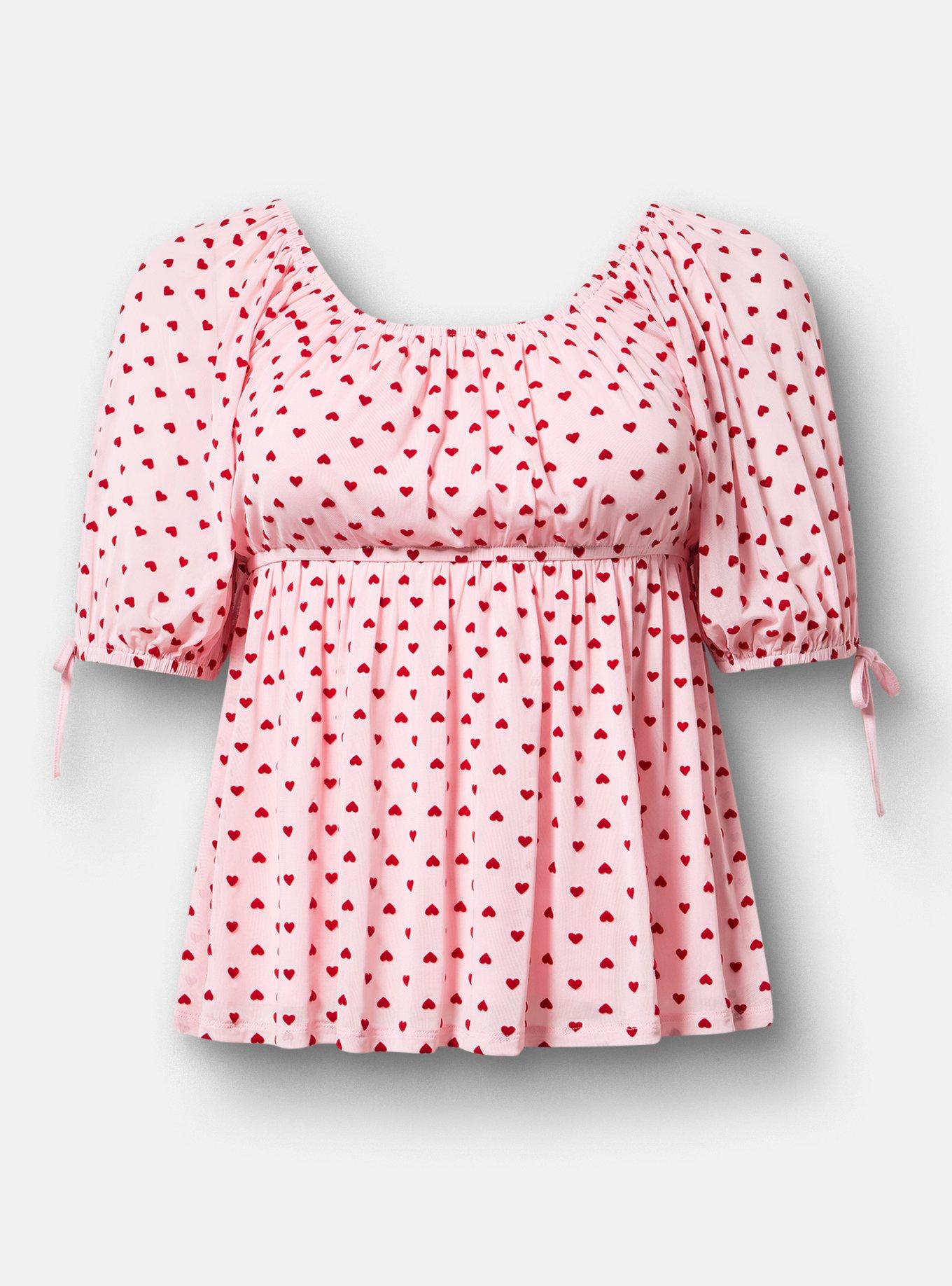 Flocked Mesh Babydoll Top, JESTER RED TICKLED PINK FLOCKED HEARTS, hi-res