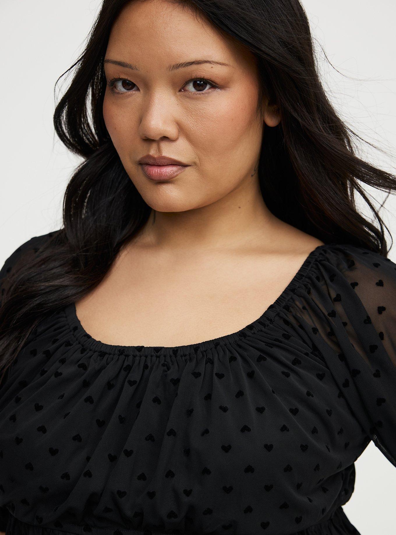 Flocked Mesh Babydoll Top, DEEP BLACK FLOCKED HEARTS, alternate