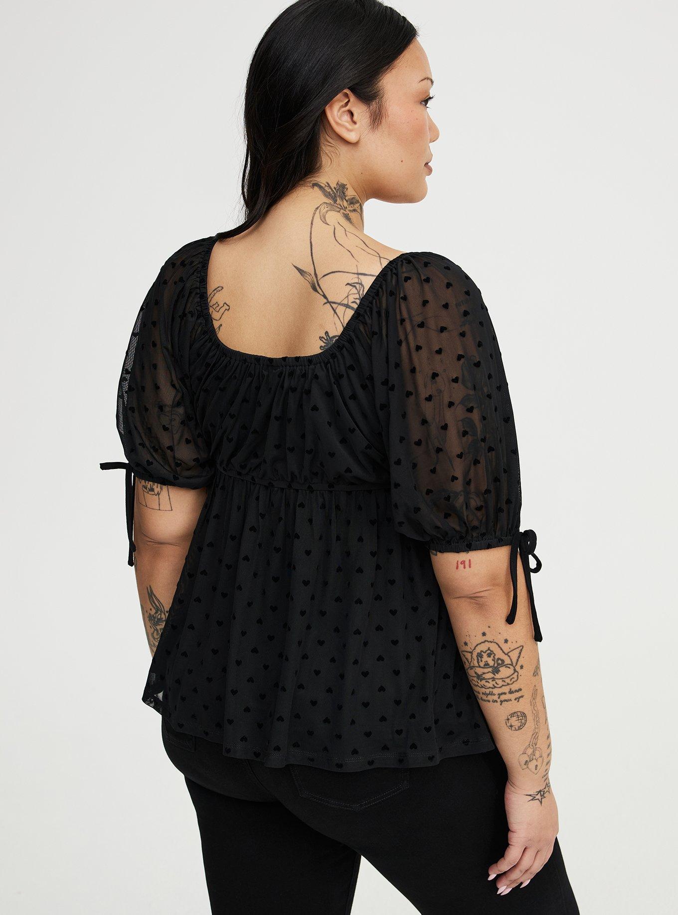 Flocked Mesh Babydoll Top, DEEP BLACK FLOCKED HEARTS, alternate