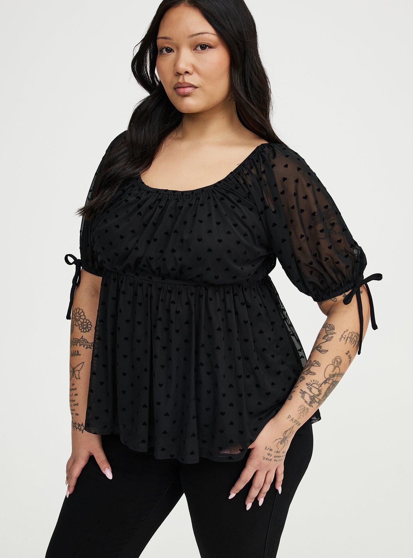 Flocked Mesh Babydoll Top, DEEP BLACK FLOCKED HEARTS, alternate