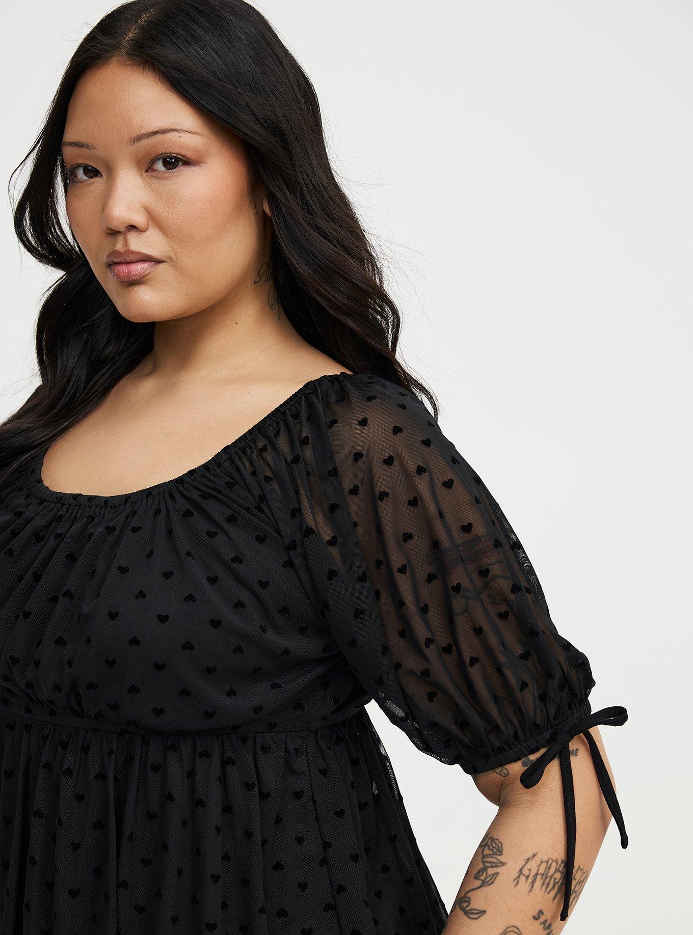 Flocked Mesh Babydoll Top, DEEP BLACK FLOCKED HEARTS, alternate