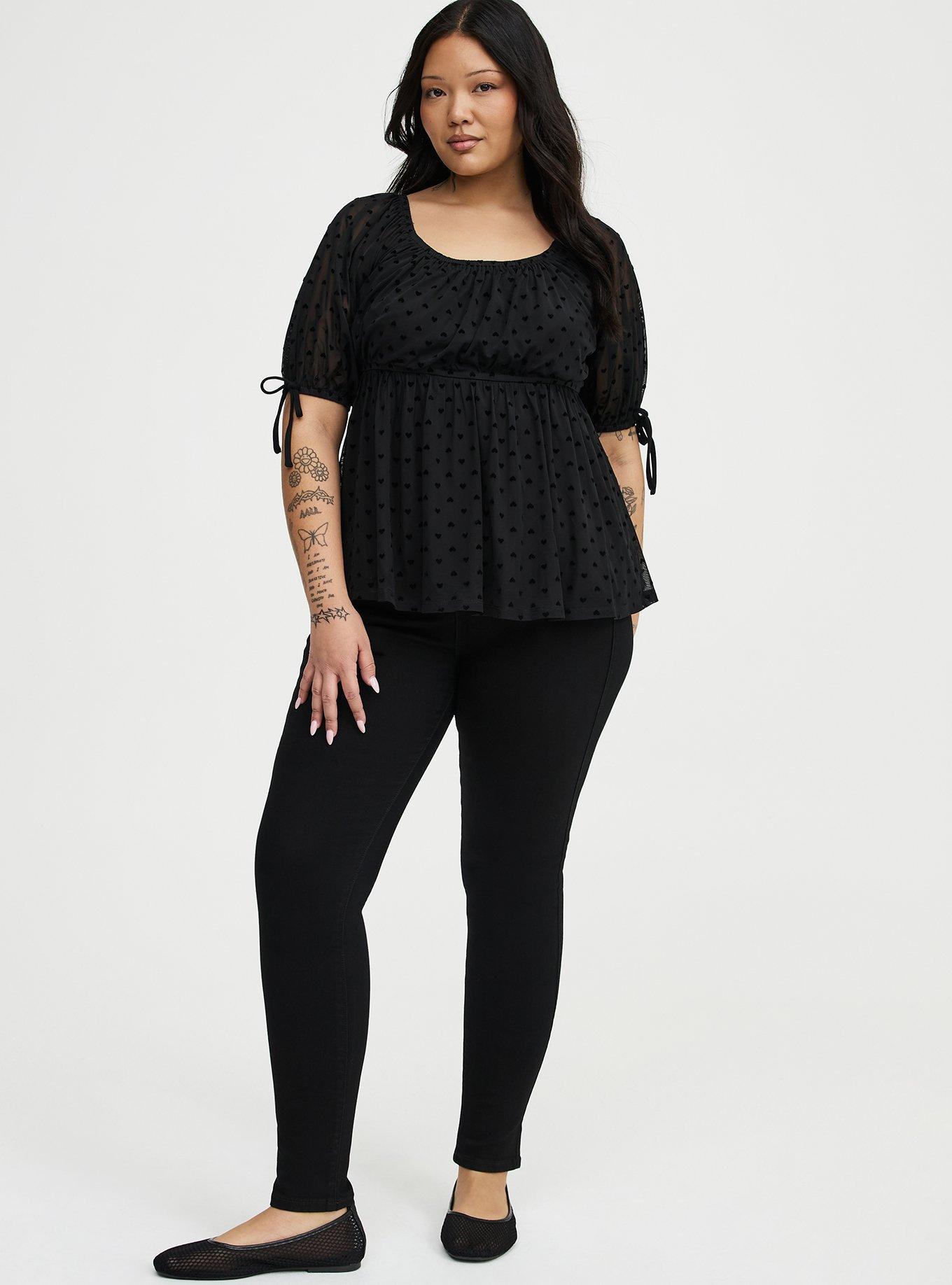 Flocked Mesh Babydoll Top, DEEP BLACK FLOCKED HEARTS, alternate