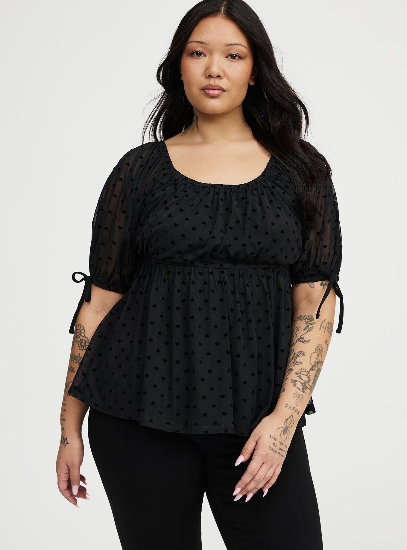 Plus Size Flocked Mesh Babydoll Top, DEEP BLACK FLOCKED HEARTS, hi-res