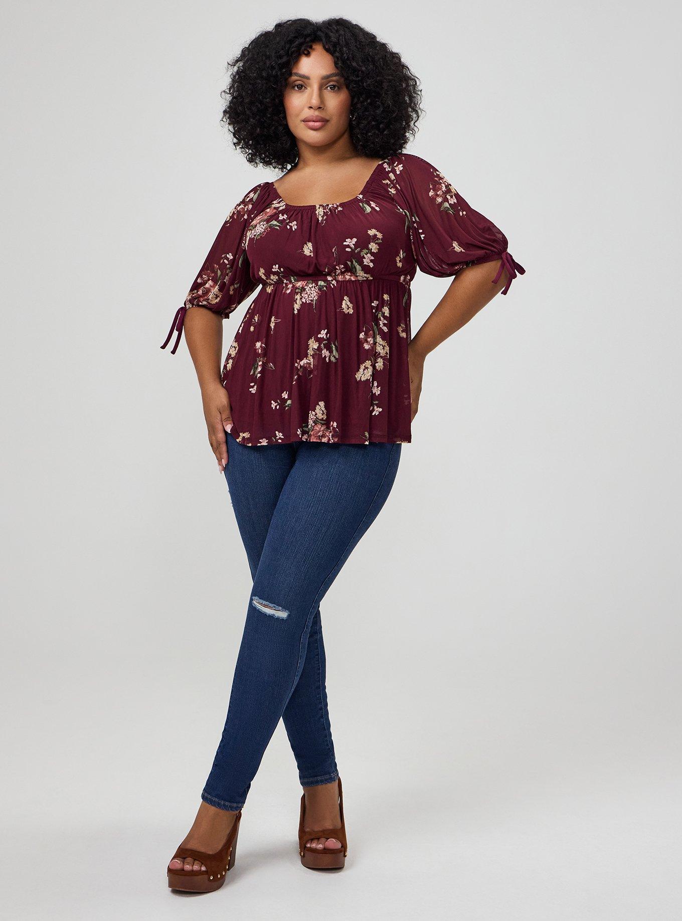 Plus Size Flocked Mesh Babydoll Top, FALL BOUQUET FLORAL BURGUNDY, alternate