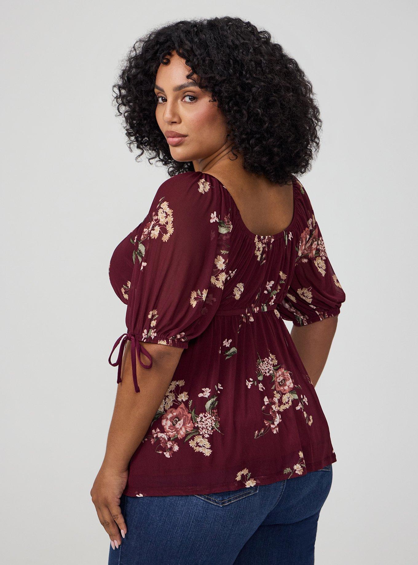 Plus Size Flocked Mesh Babydoll Top, FALL BOUQUET FLORAL BURGUNDY, alternate