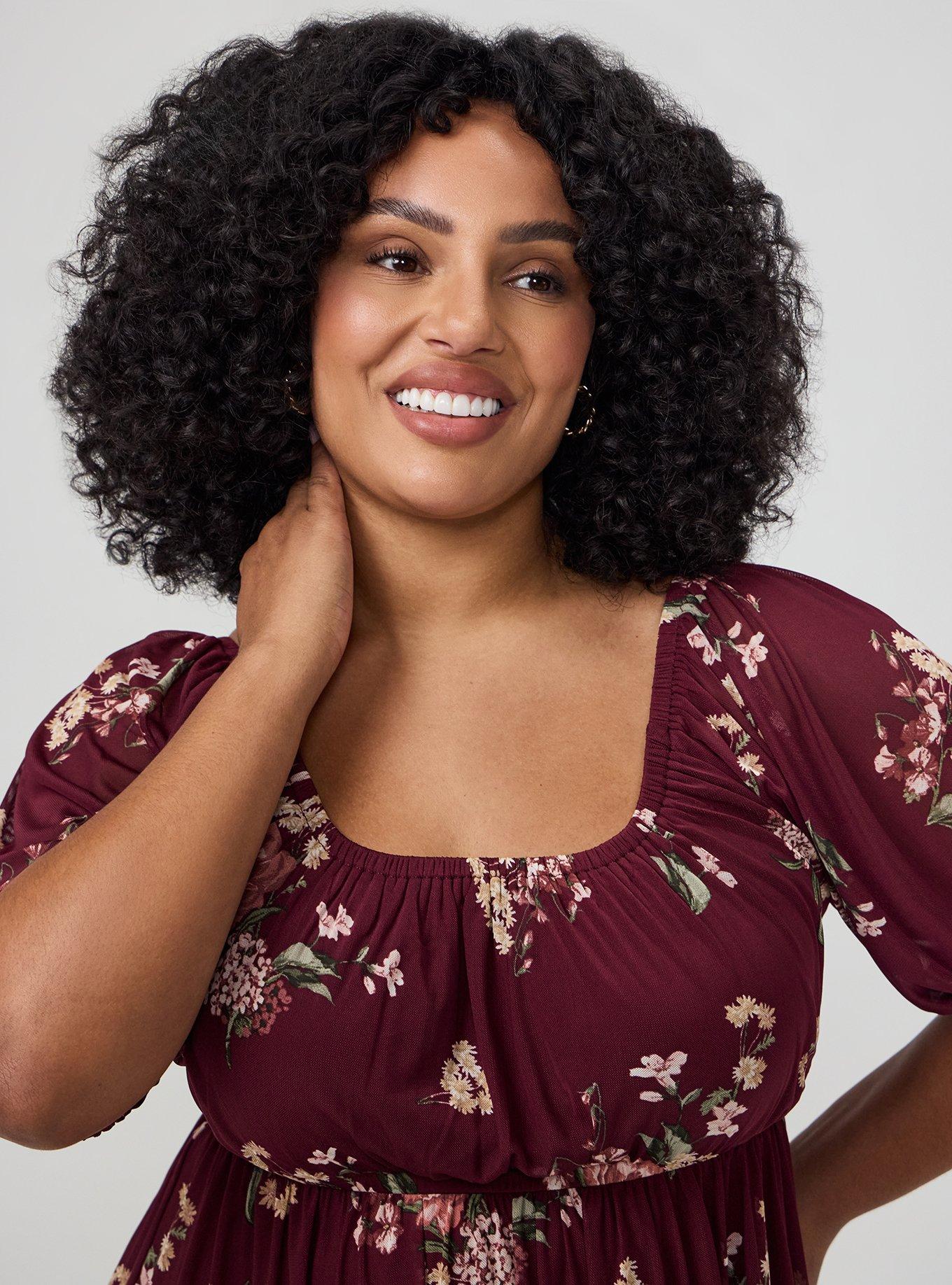 Plus Size Flocked Mesh Babydoll Top, FALL BOUQUET FLORAL BURGUNDY, alternate
