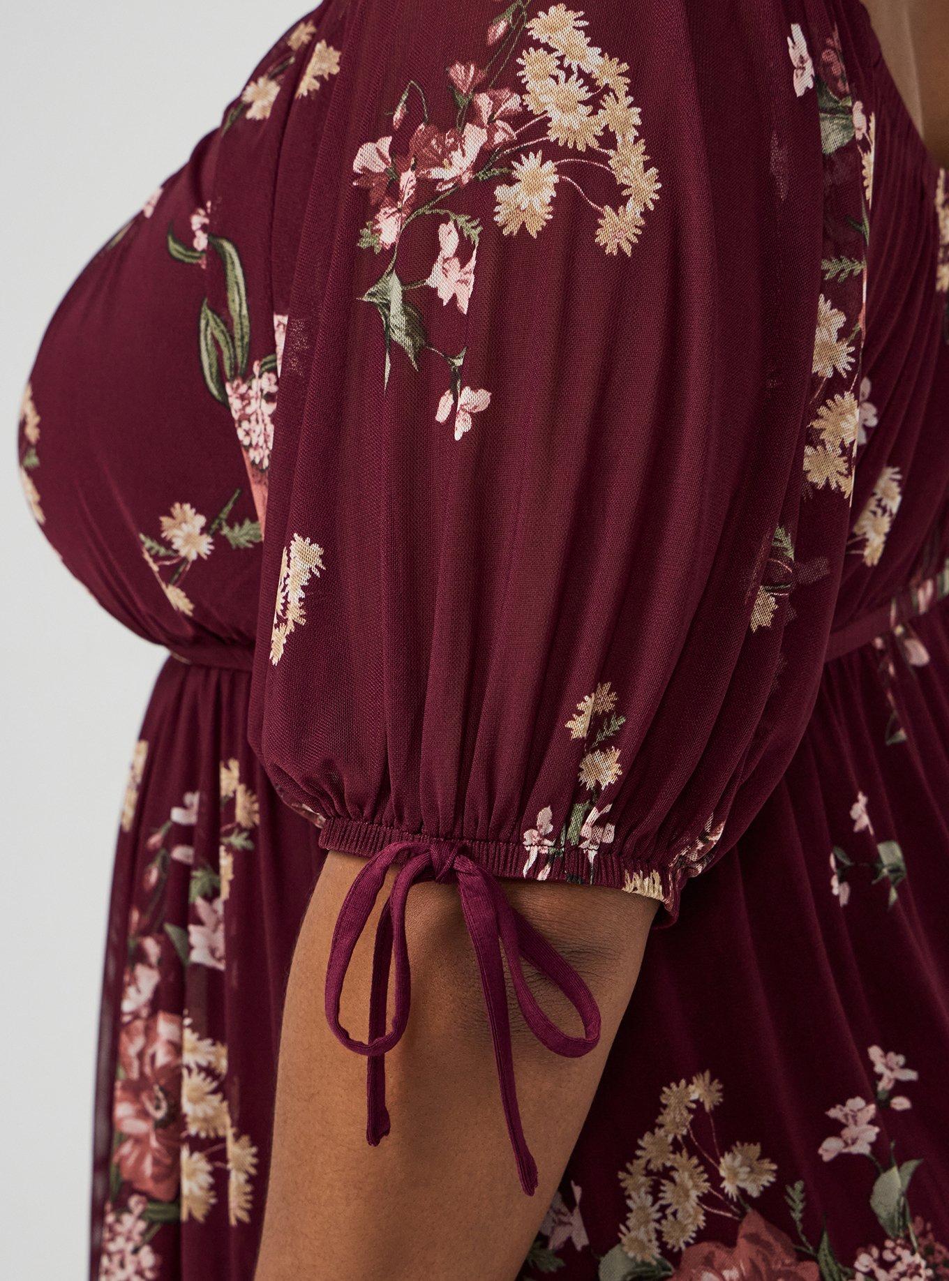 Plus Size Flocked Mesh Babydoll Top, FALL BOUQUET FLORAL BURGUNDY, alternate