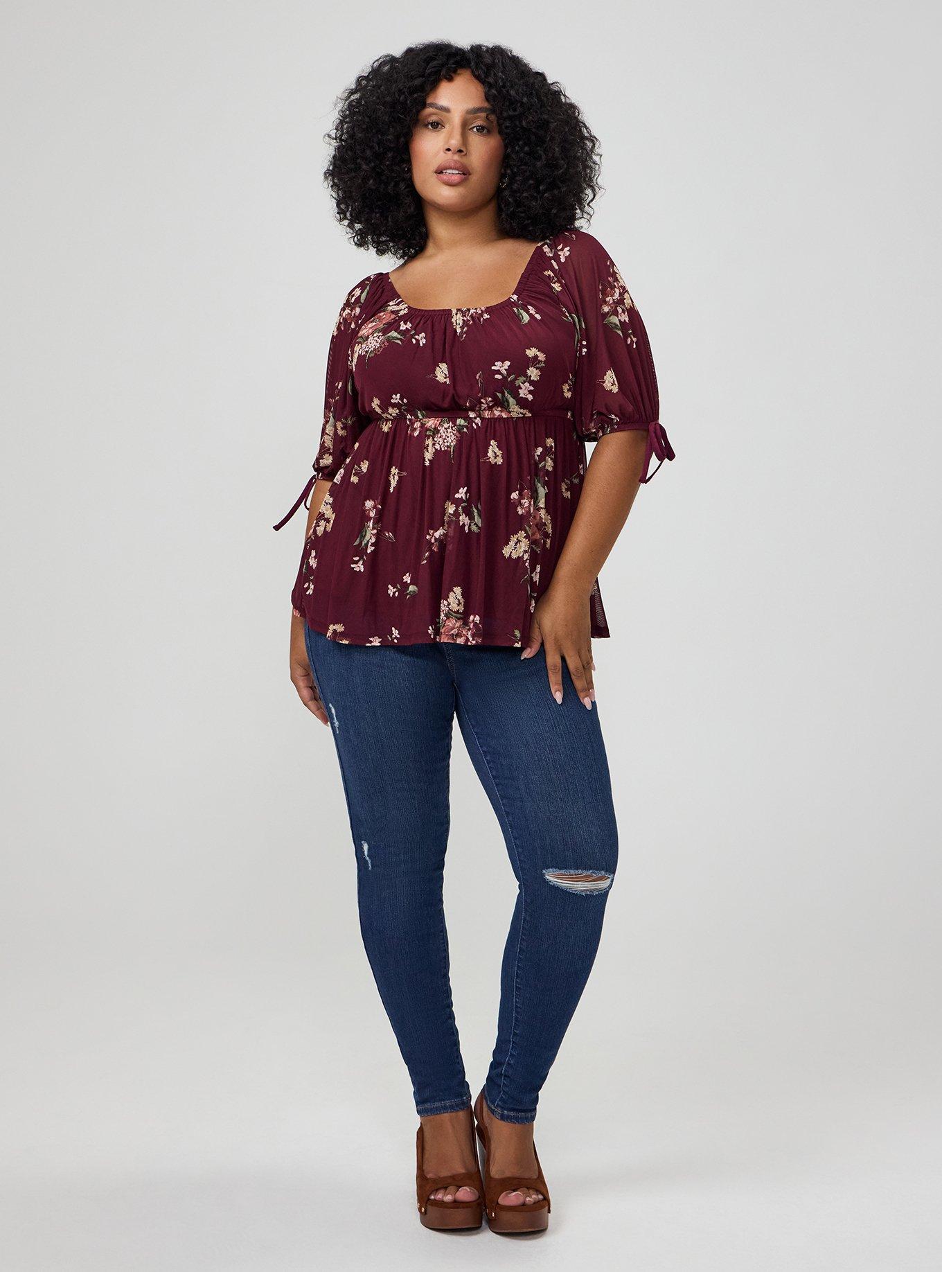 Plus Size Flocked Mesh Babydoll Top, FALL BOUQUET FLORAL BURGUNDY, alternate