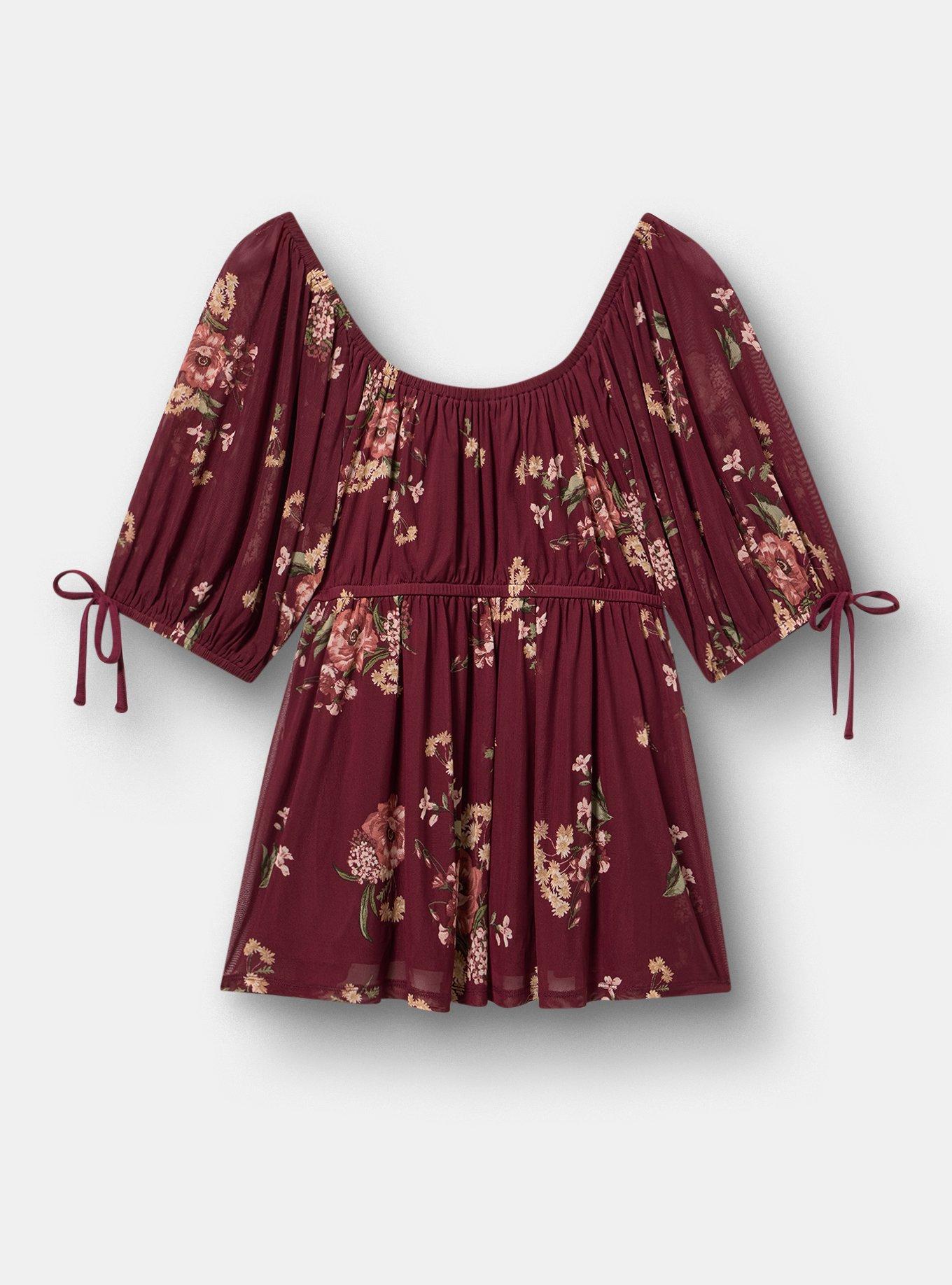 Plus Size Flocked Mesh Babydoll Top, FALL BOUQUET FLORAL BURGUNDY, hi-res