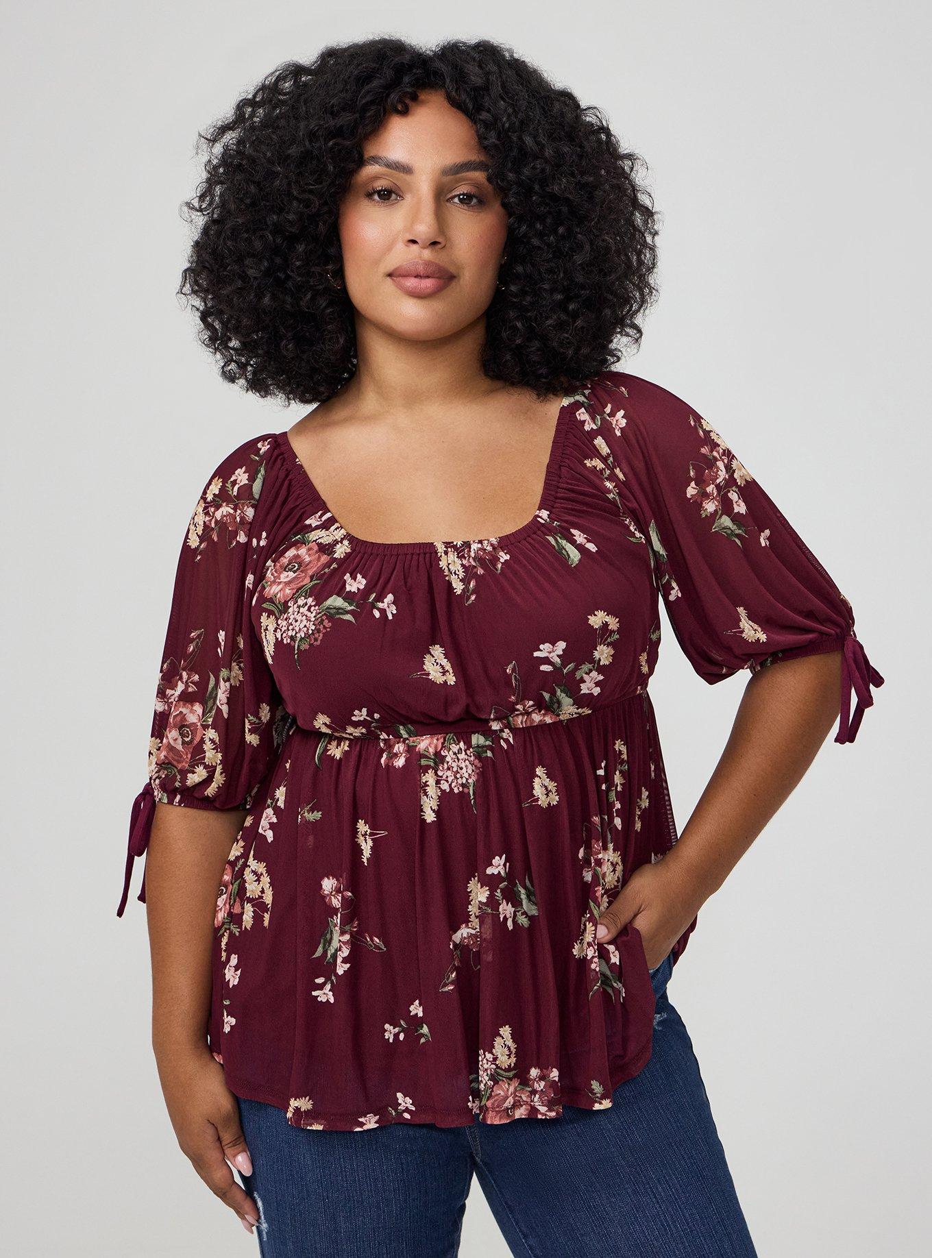 Plus Size Flocked Mesh Babydoll Top, FALL BOUQUET FLORAL BURGUNDY, hi-res