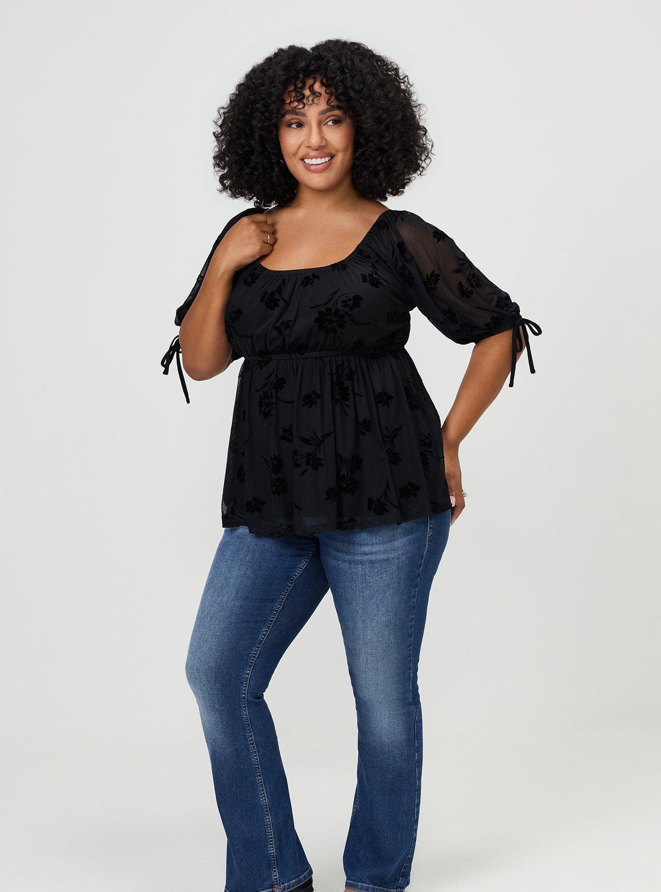 Plus Size Flocked Mesh Babydoll Top, CARA SILHOUETTE TONAL, alternate