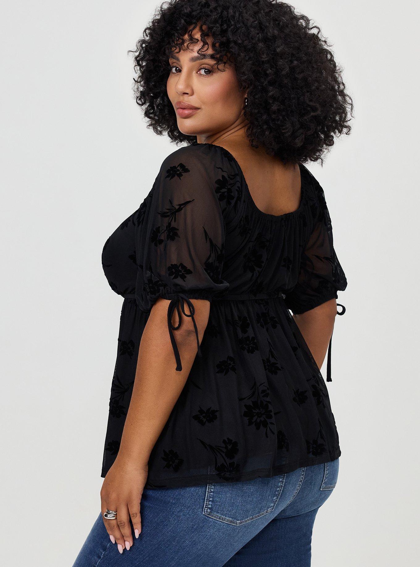Plus Size Flocked Mesh Babydoll Top, CARA SILHOUETTE TONAL, alternate