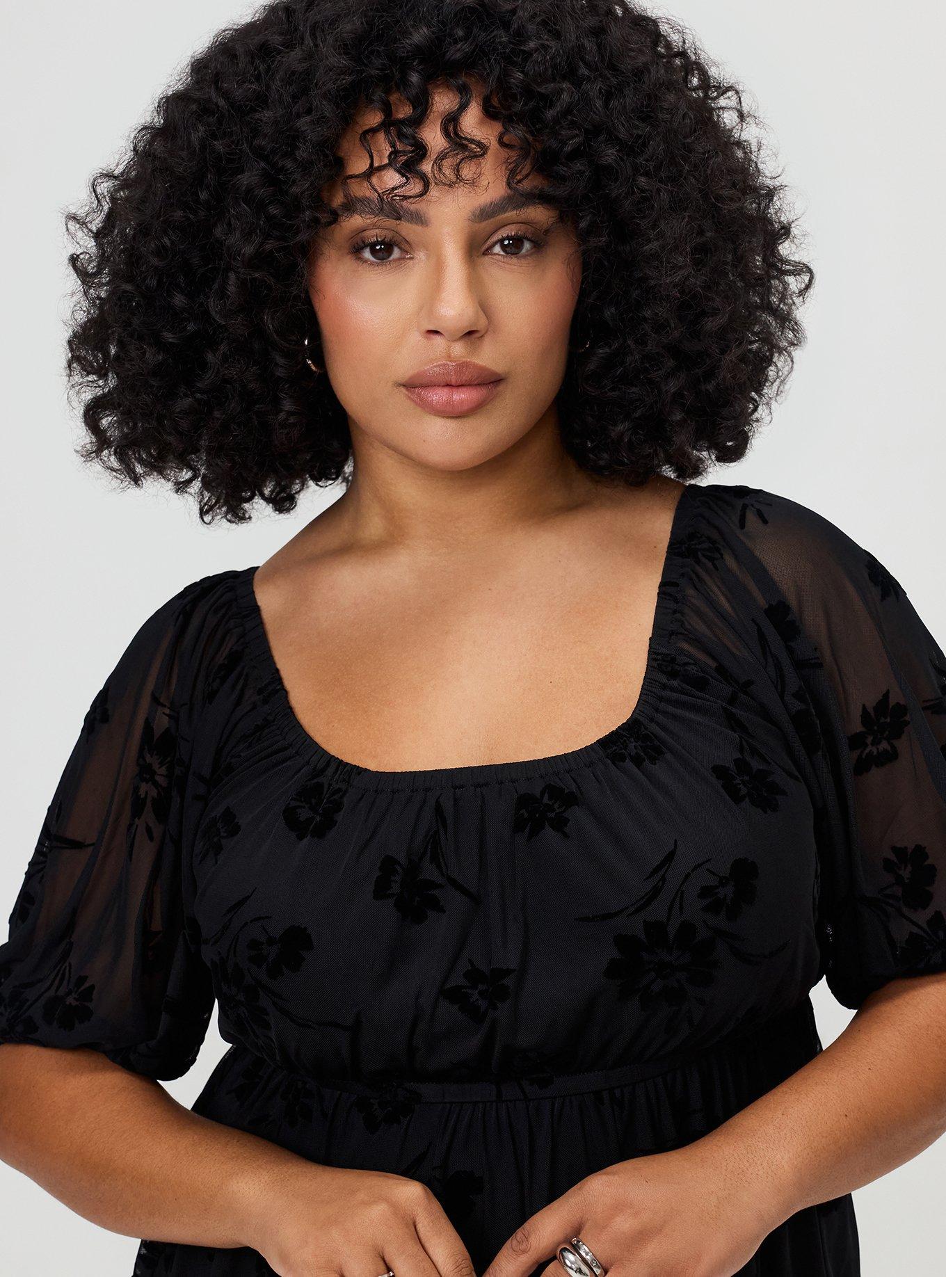 Plus Size Flocked Mesh Babydoll Top, CARA SILHOUETTE TONAL, alternate