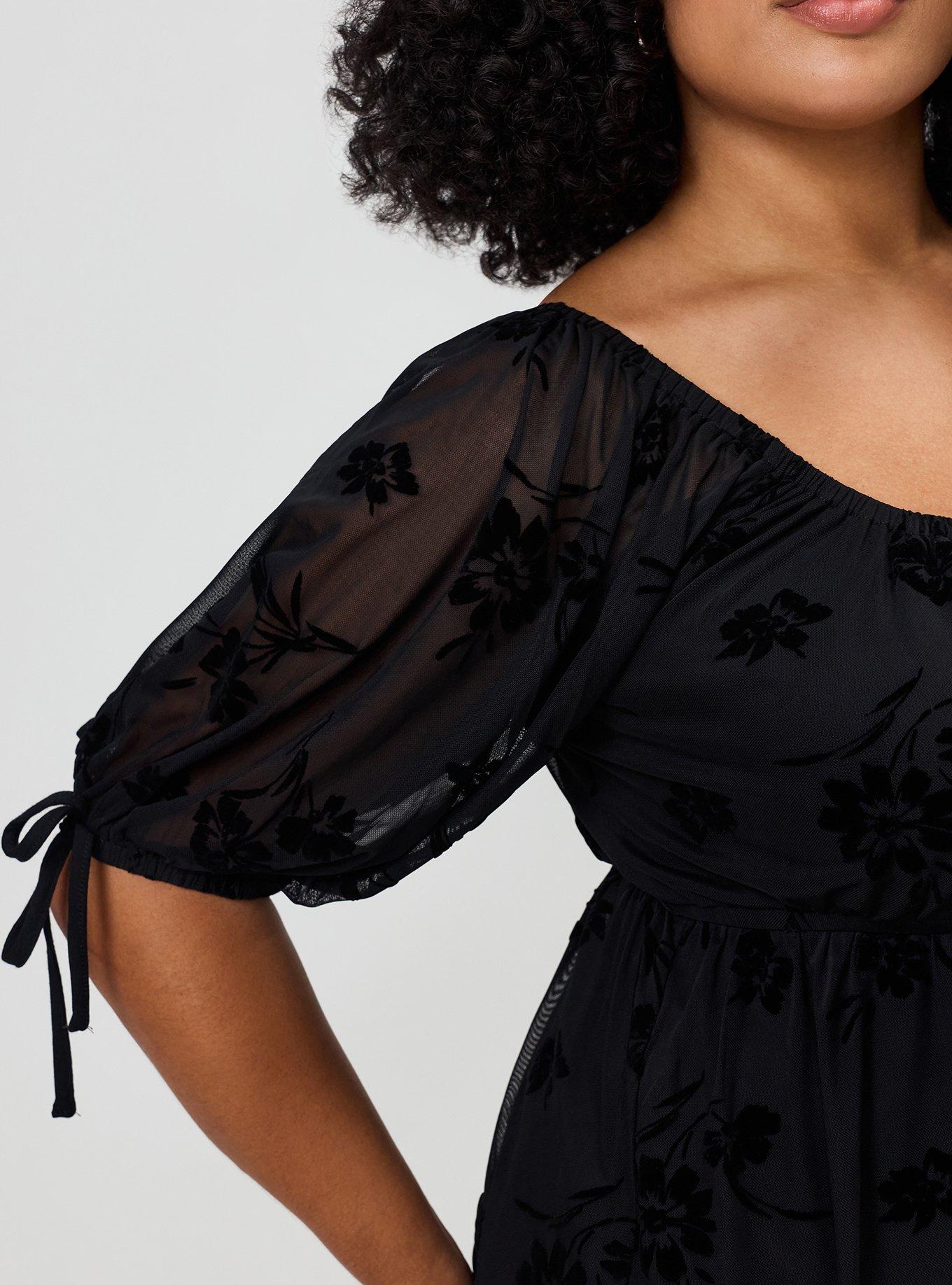 Plus Size Flocked Mesh Babydoll Top, CARA SILHOUETTE TONAL, alternate