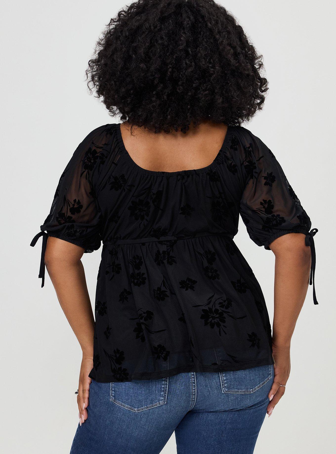 Plus Size Flocked Mesh Babydoll Top, CARA SILHOUETTE TONAL, alternate
