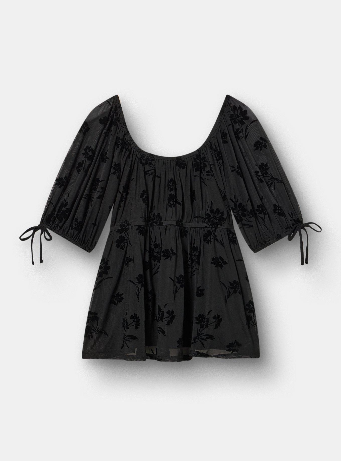 Plus Size Flocked Mesh Babydoll Top, CARA SILHOUETTE TONAL, flat