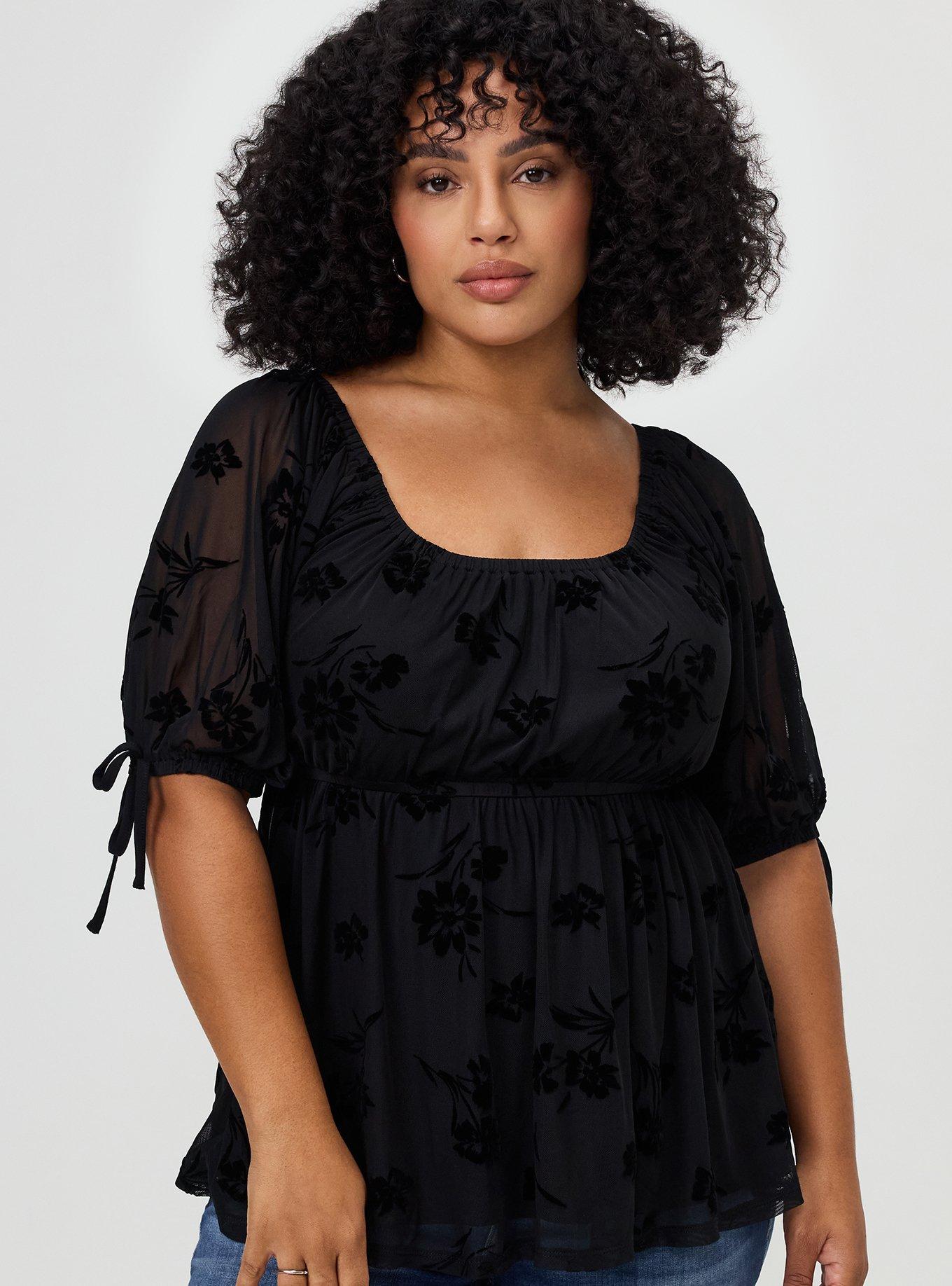 Plus Size Flocked Mesh Babydoll Top, CARA SILHOUETTE TONAL, hi-res
