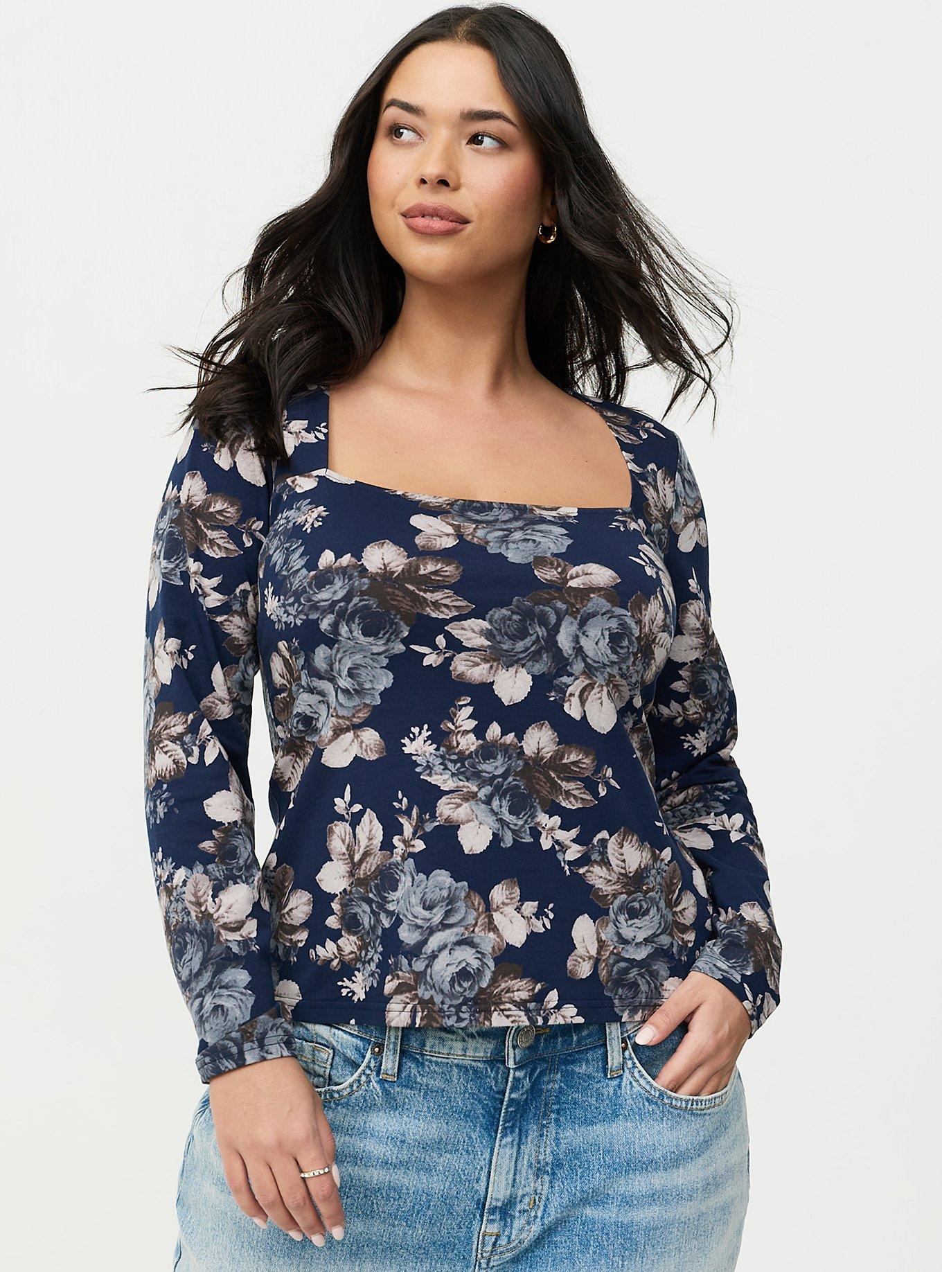 Smoothing Cotton Square Neck Top, MOUNTAIN ROSES FLORAL NAVY, hi-res