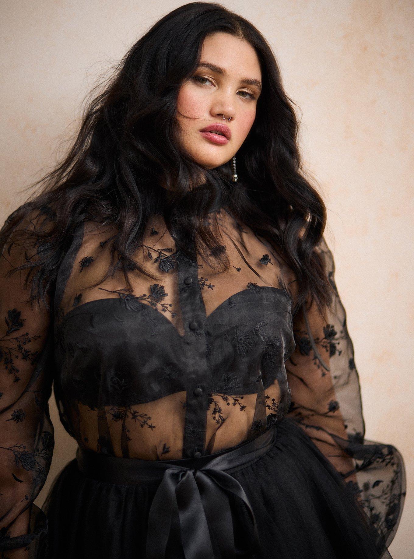 Nightfall Embroidered Organza Top, DEEP BLACK, hi-res