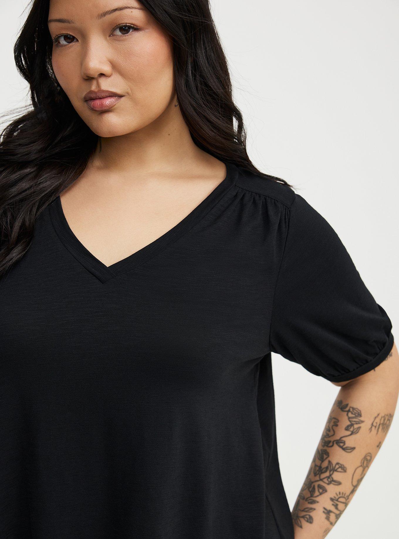 Vintage Slub Shirred Yoke V-Neck Tee, DEEP BLACK, alternate