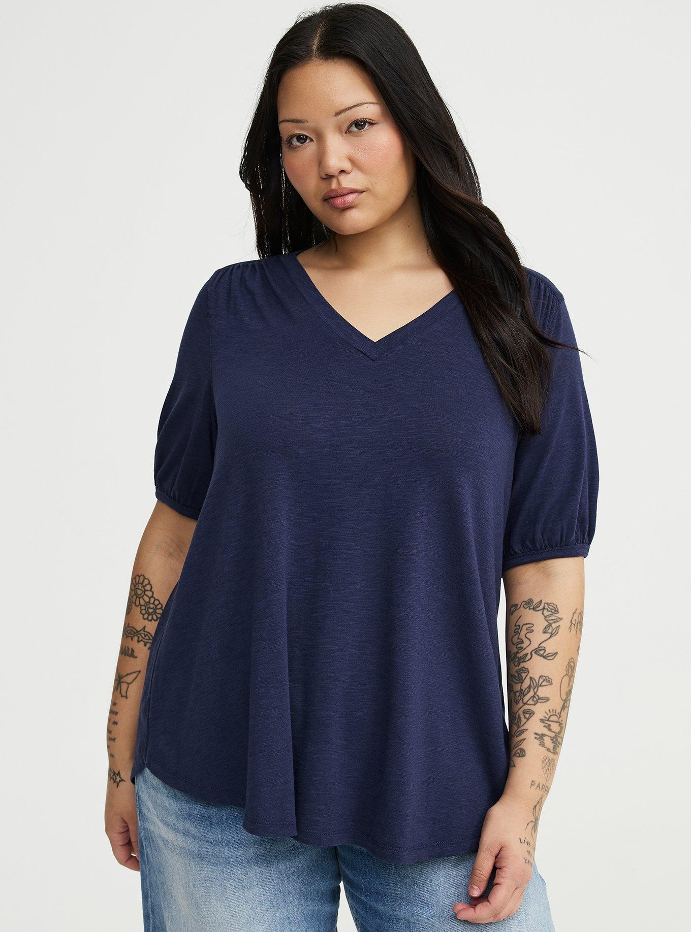 Plus Size Vintage Slub Shirred Yoke V-Neck Tee, PEACOAT, hi-res