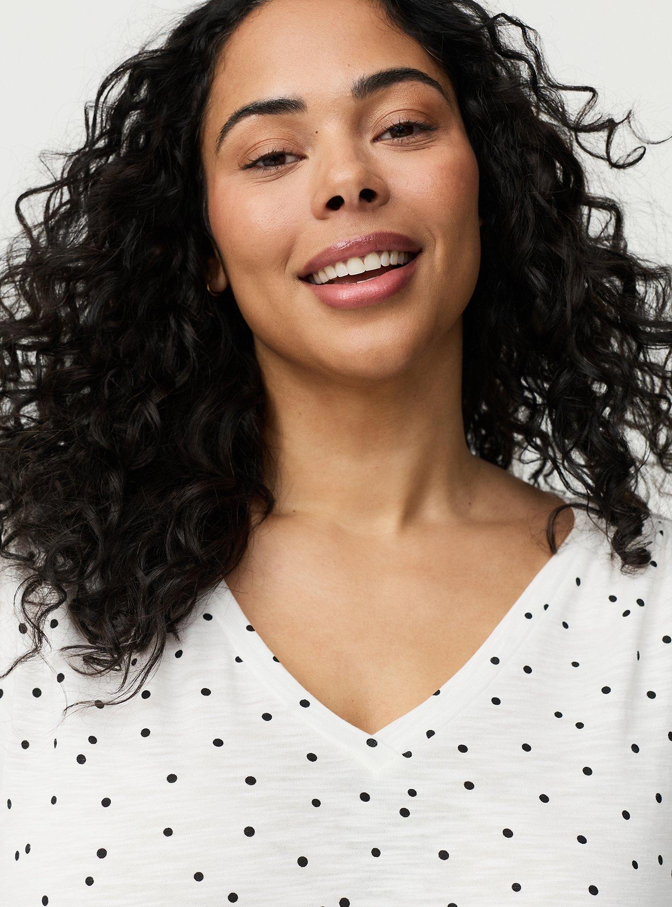 Vintage Slub Shirred Yoke V-Neck Tee, DOTS A LOTS WHITE, alternate