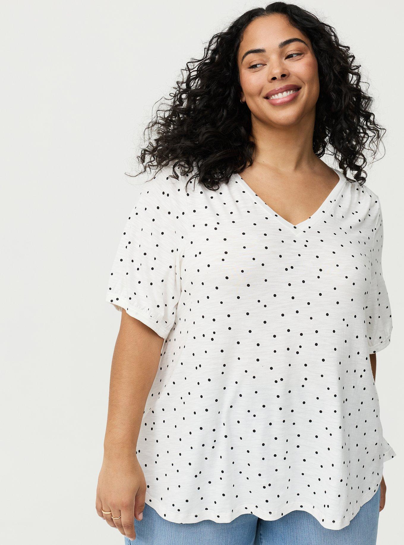 Vintage Slub Shirred Yoke V-Neck Tee, DOTS A LOTS WHITE, hi-res