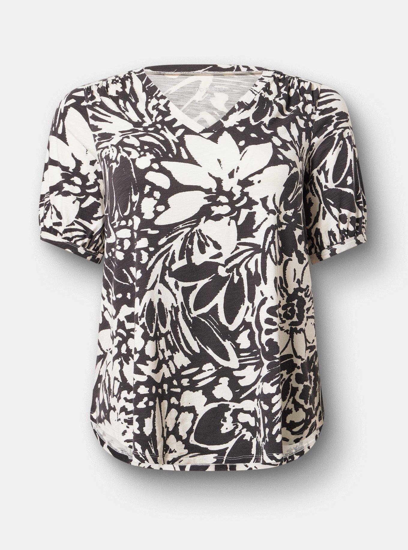 Vintage Slub Shirred Yoke V-Neck Tee, VERONICA FLORAL IVORY, hi-res