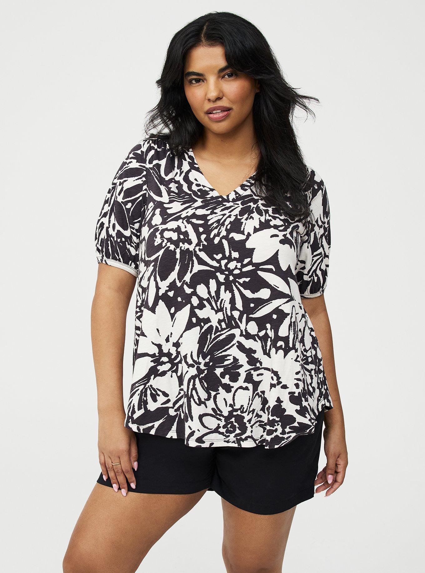 Vintage Slub Shirred Yoke V-Neck Tee, VERONICA FLORAL IVORY, hi-res