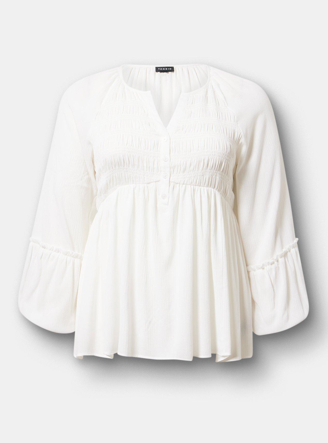 Gauze Henley Smocked Top, BLANC DE BLANC, hi-res