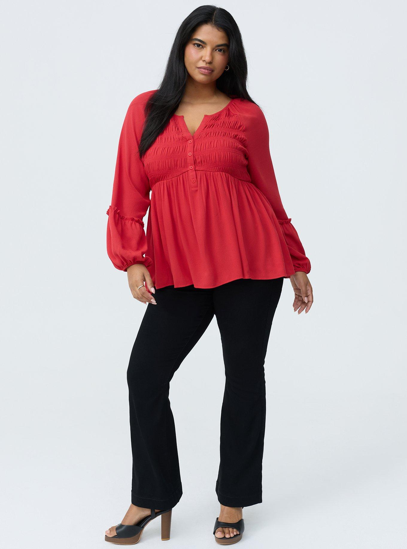 Gauze Henley Smocked Top, URBAN RED, alternate