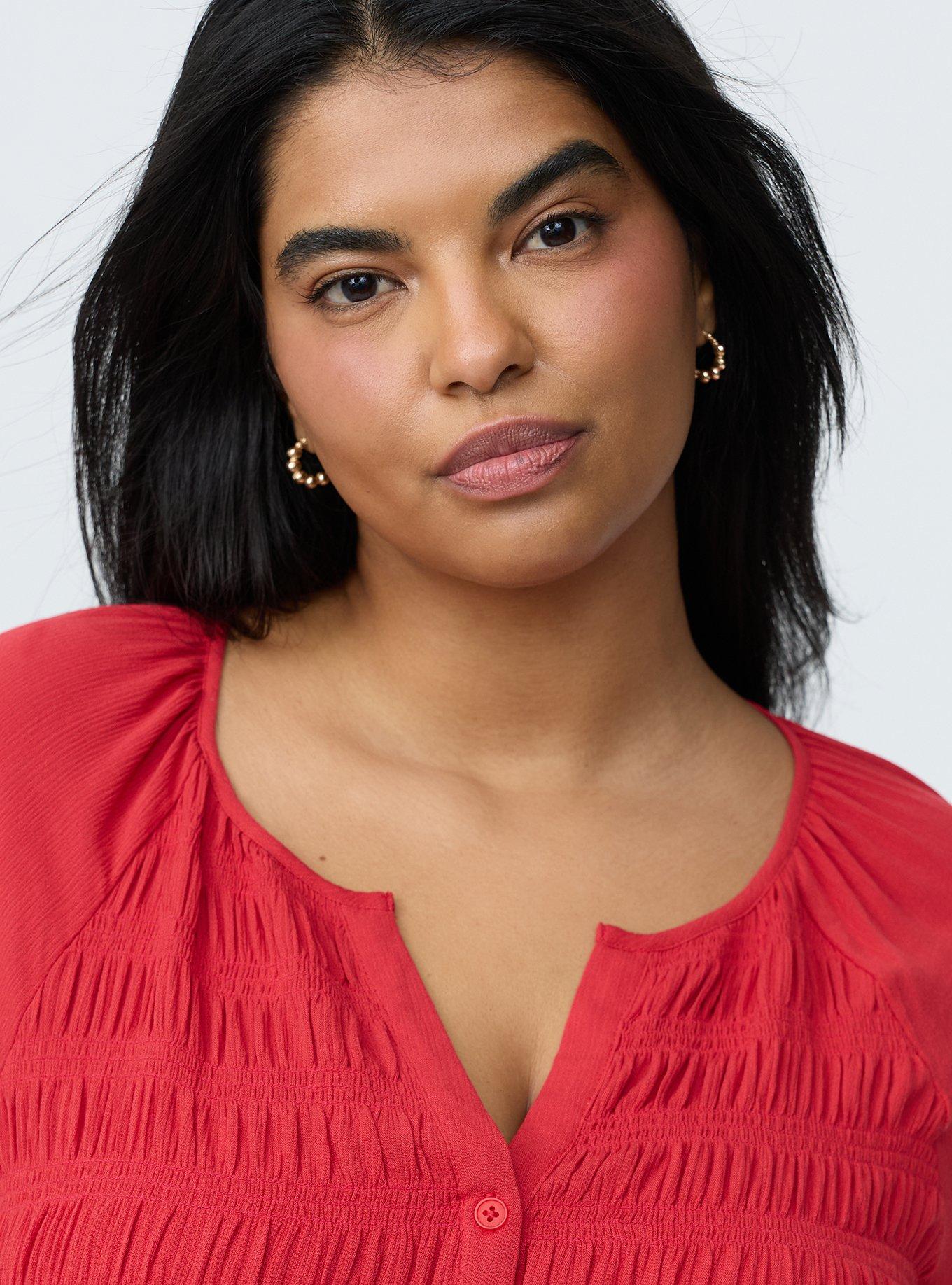 Gauze Henley Smocked Top, URBAN RED, alternate