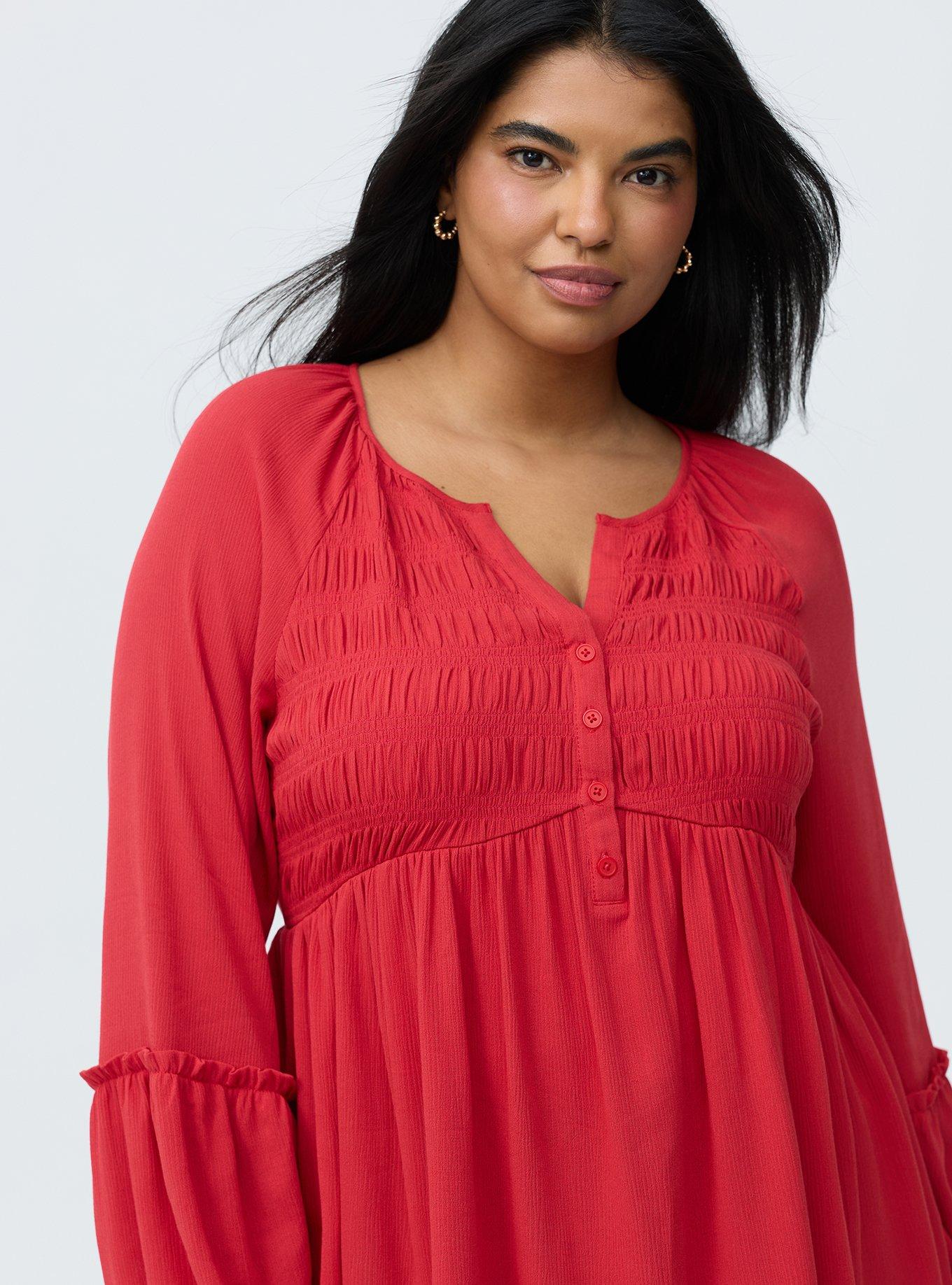 Gauze Henley Smocked Top, URBAN RED, alternate