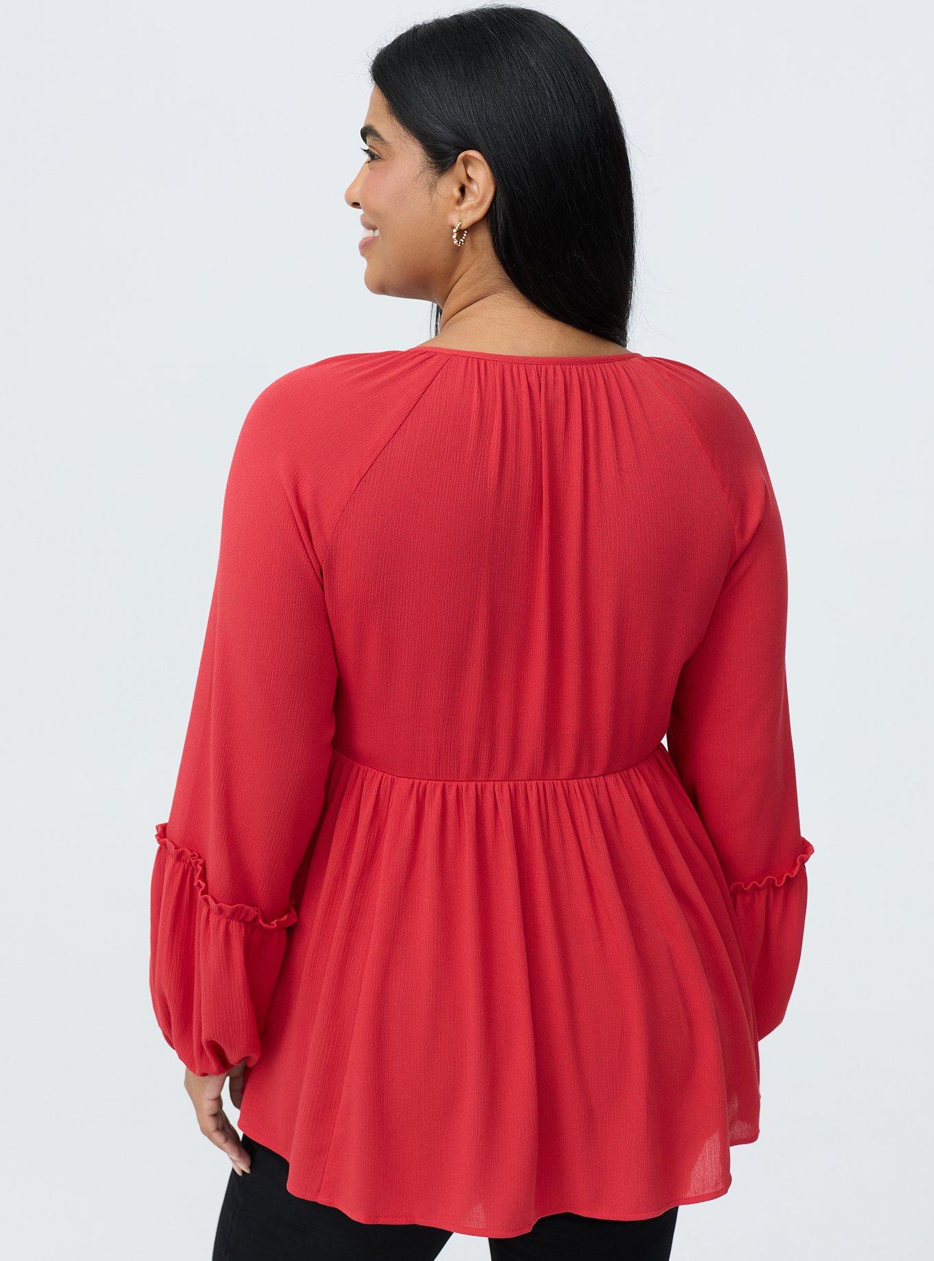 Gauze Henley Smocked Top, URBAN RED, alternate