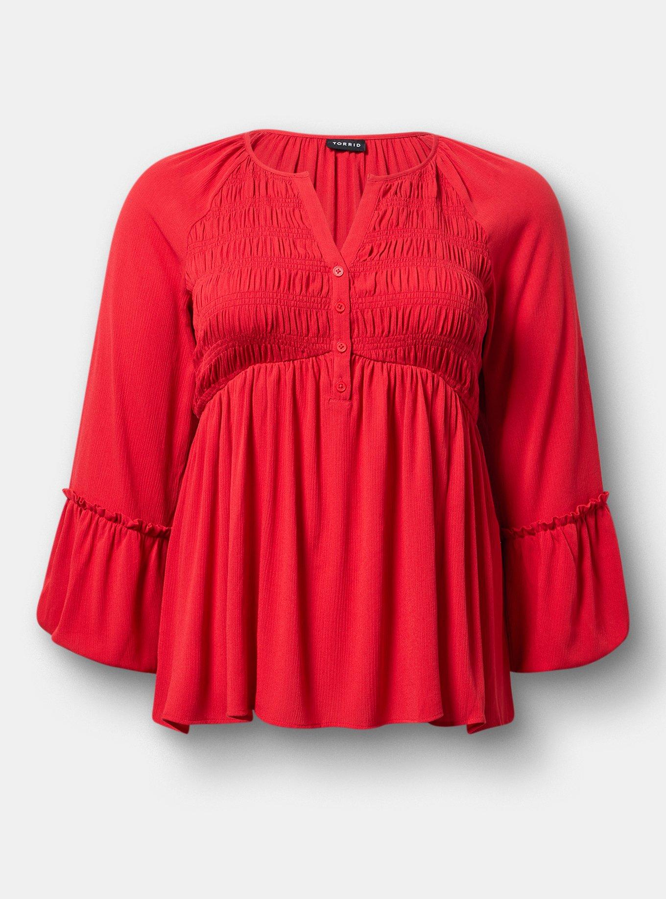 Gauze Henley Smocked Top, URBAN RED, hi-res