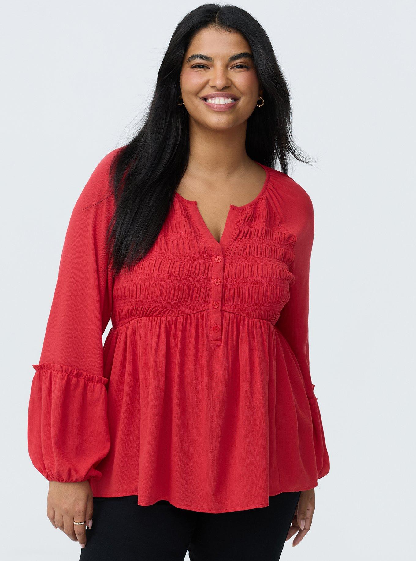Gauze Henley Smocked Top, URBAN RED, hi-res