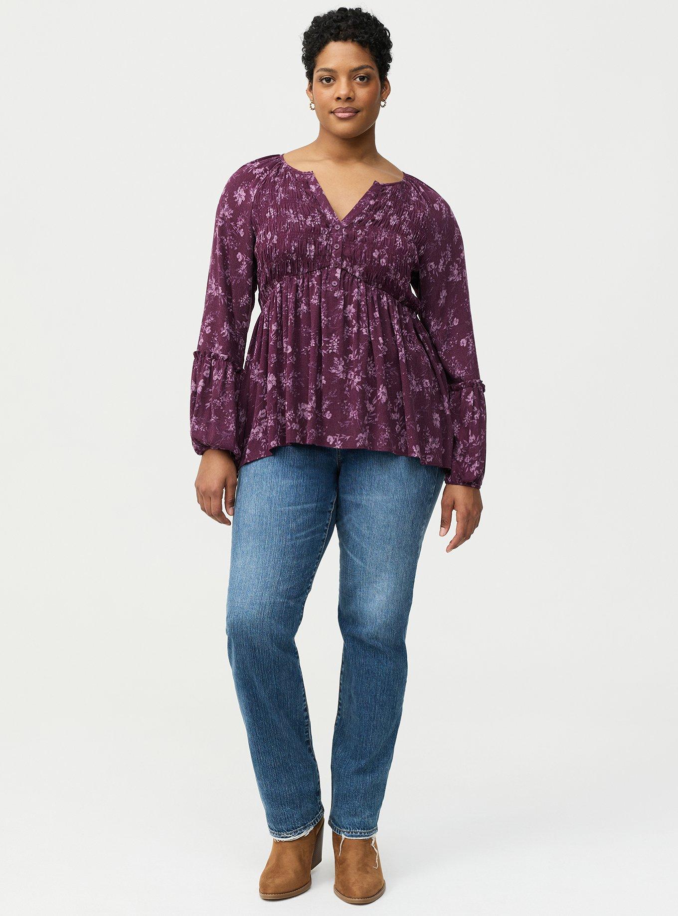 Gauze Henley Smocked Top, NITE GLOW FLORAL PURPLE, alternate