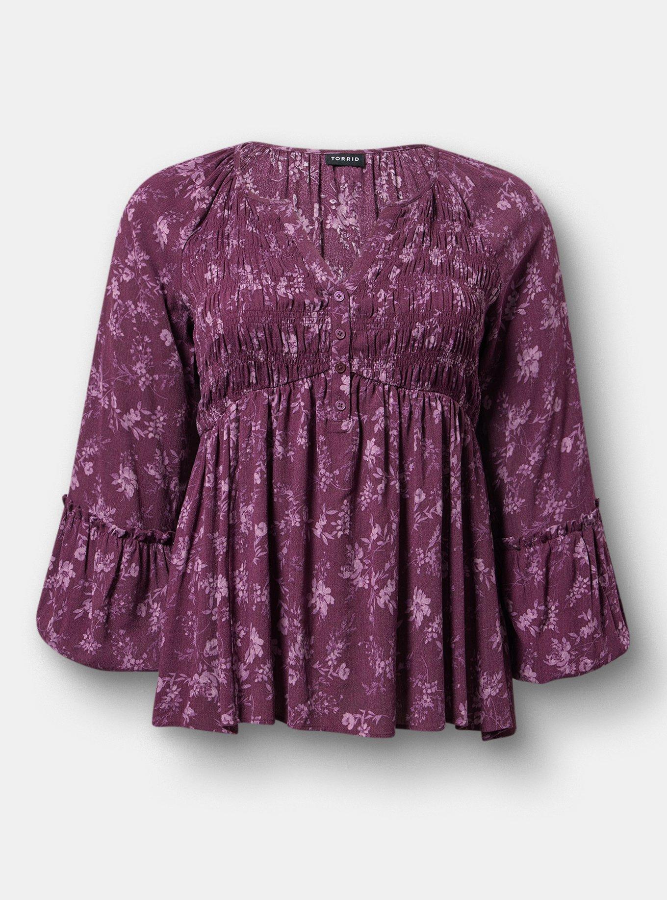 Gauze Henley Smocked Top, NITE GLOW FLORAL PURPLE, hi-res