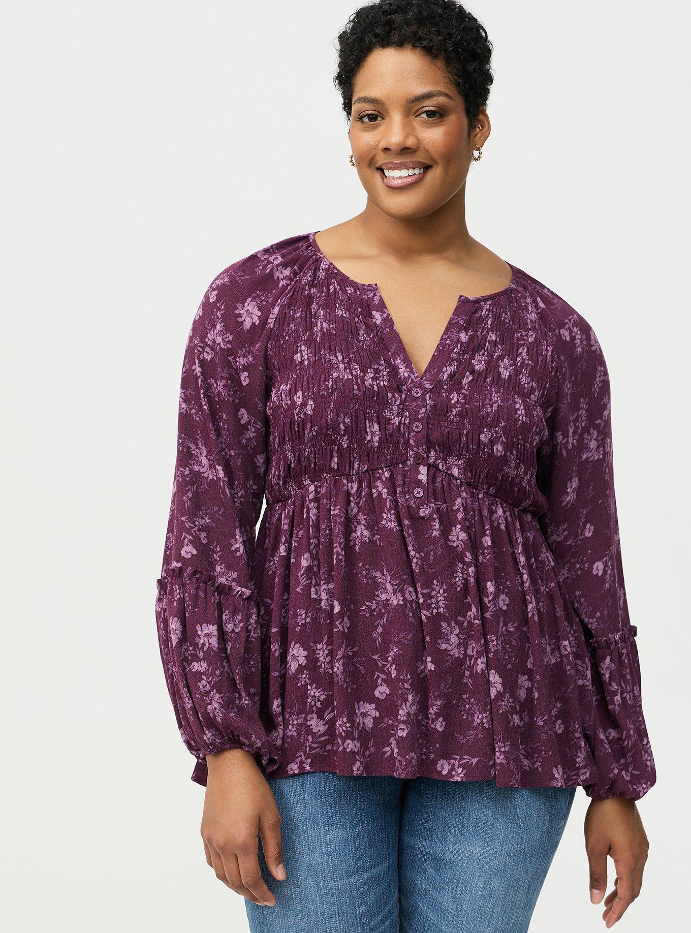 Plus Size Gauze Henley Smocked Top, NITE GLOW FLORAL PURPLE, hi-res