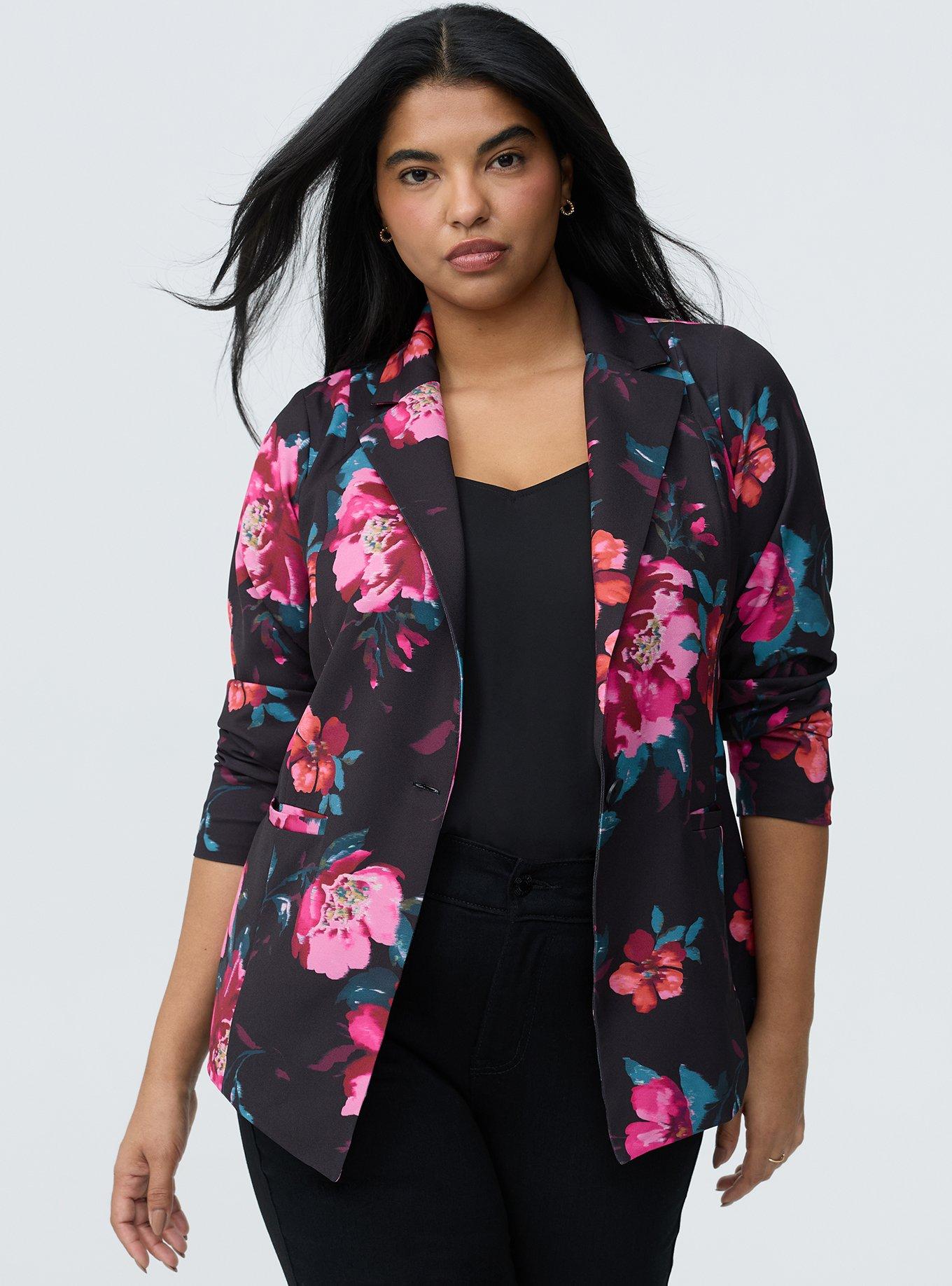 Plus Size Studio Crepe Blazer, BLUSHING BLOOMS FLORAL BLACK, hi-res