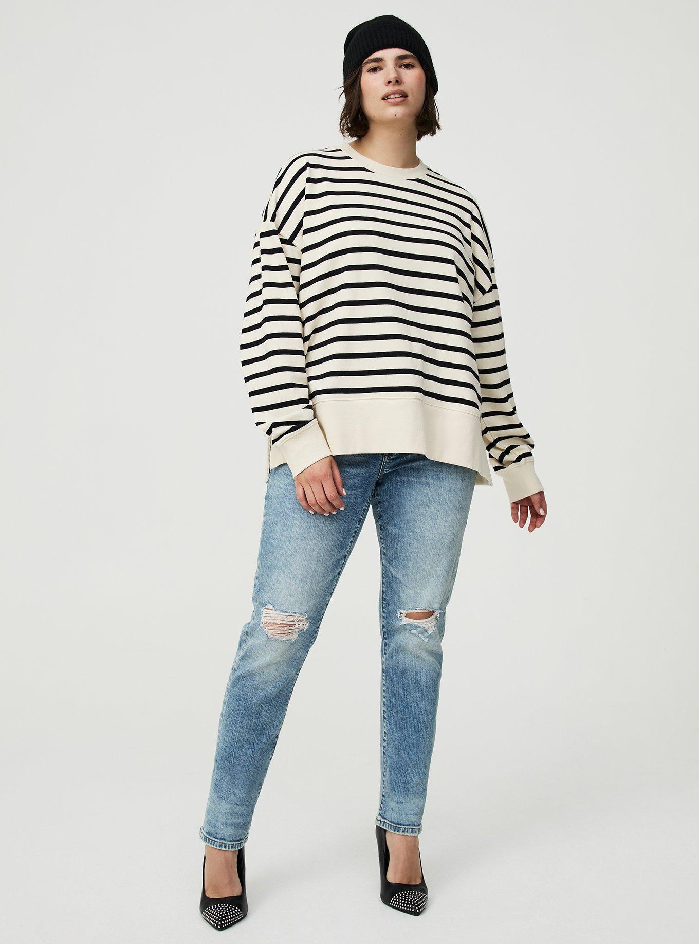 French Terry Drop Shoulder Sweatshirt, WHITE SWAN DEEP BLACK STRIPE, alternate