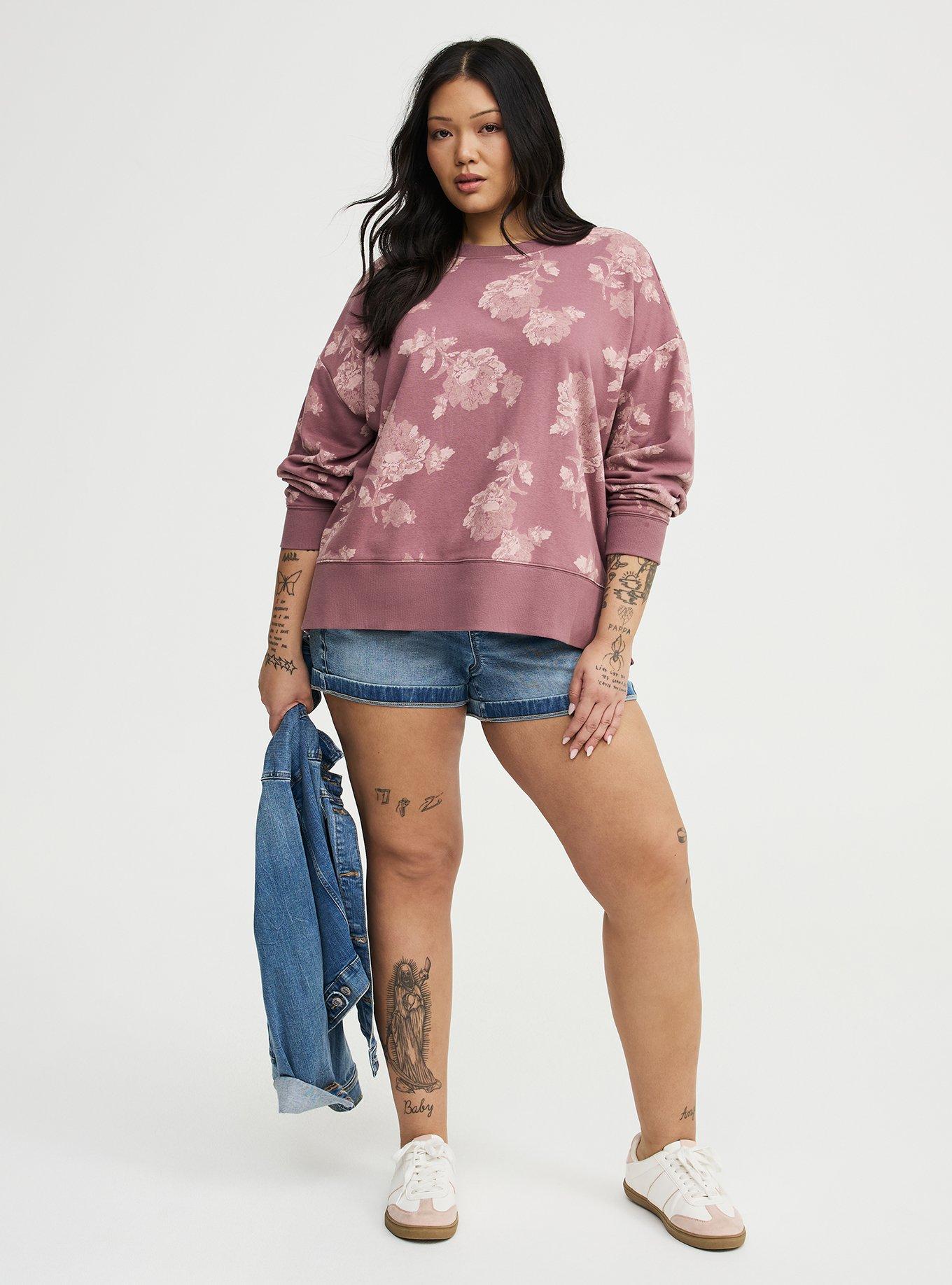 French Terry Drop Shoulder Sweatshirt, FLOWER STAMPS FLORAL TAN, alternate