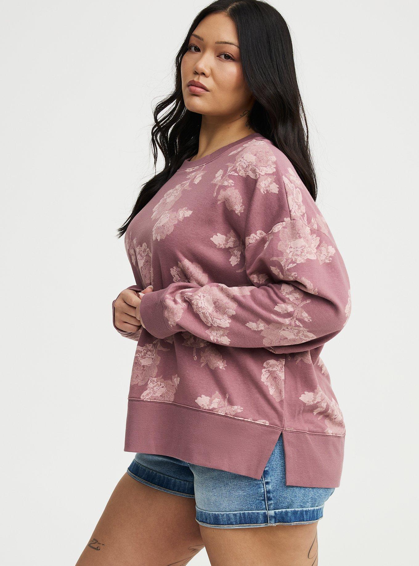 French Terry Drop Shoulder Sweatshirt, FLOWER STAMPS FLORAL TAN, alternate