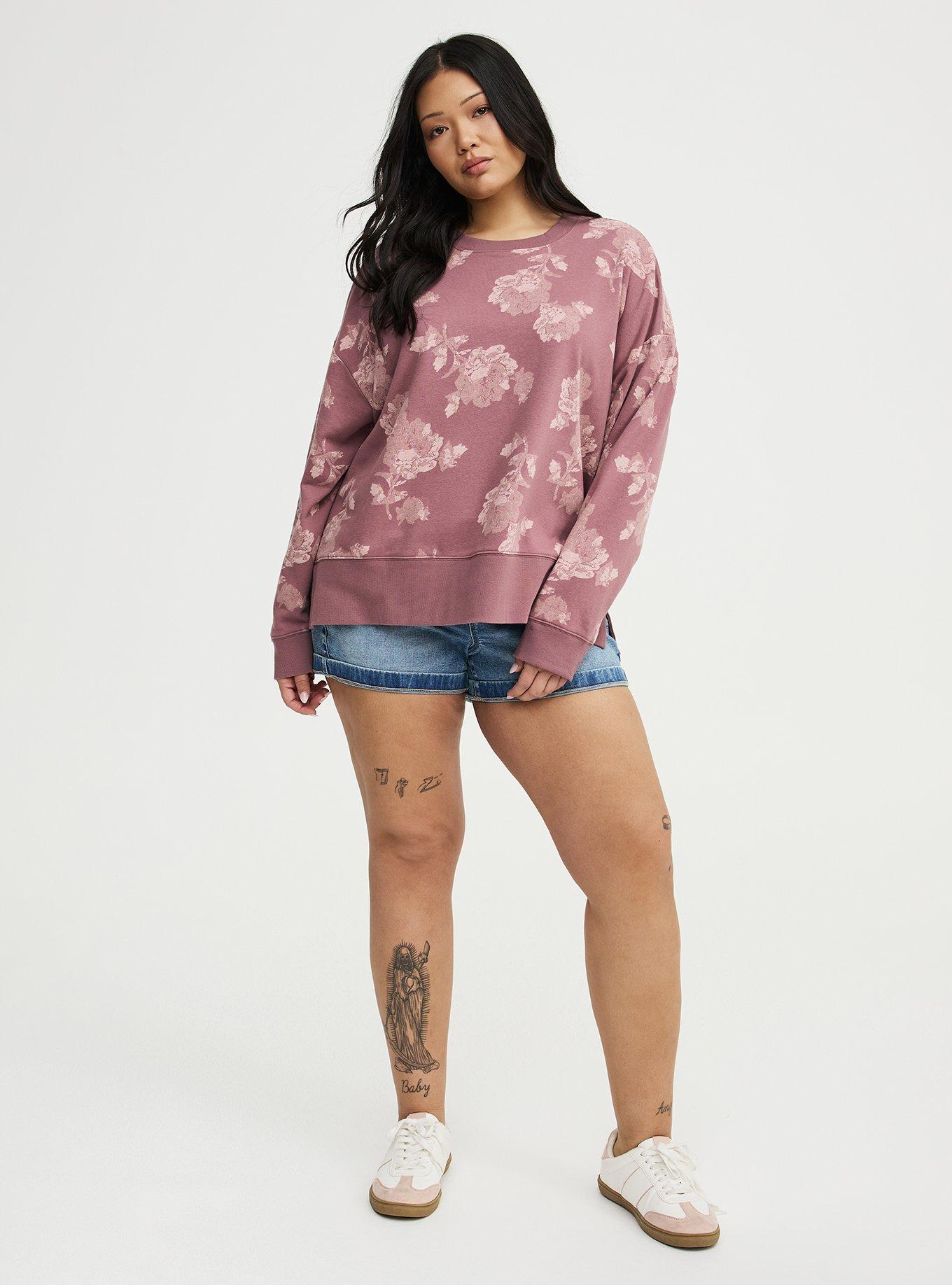 French Terry Drop Shoulder Sweatshirt, FLOWER STAMPS FLORAL TAN, alternate