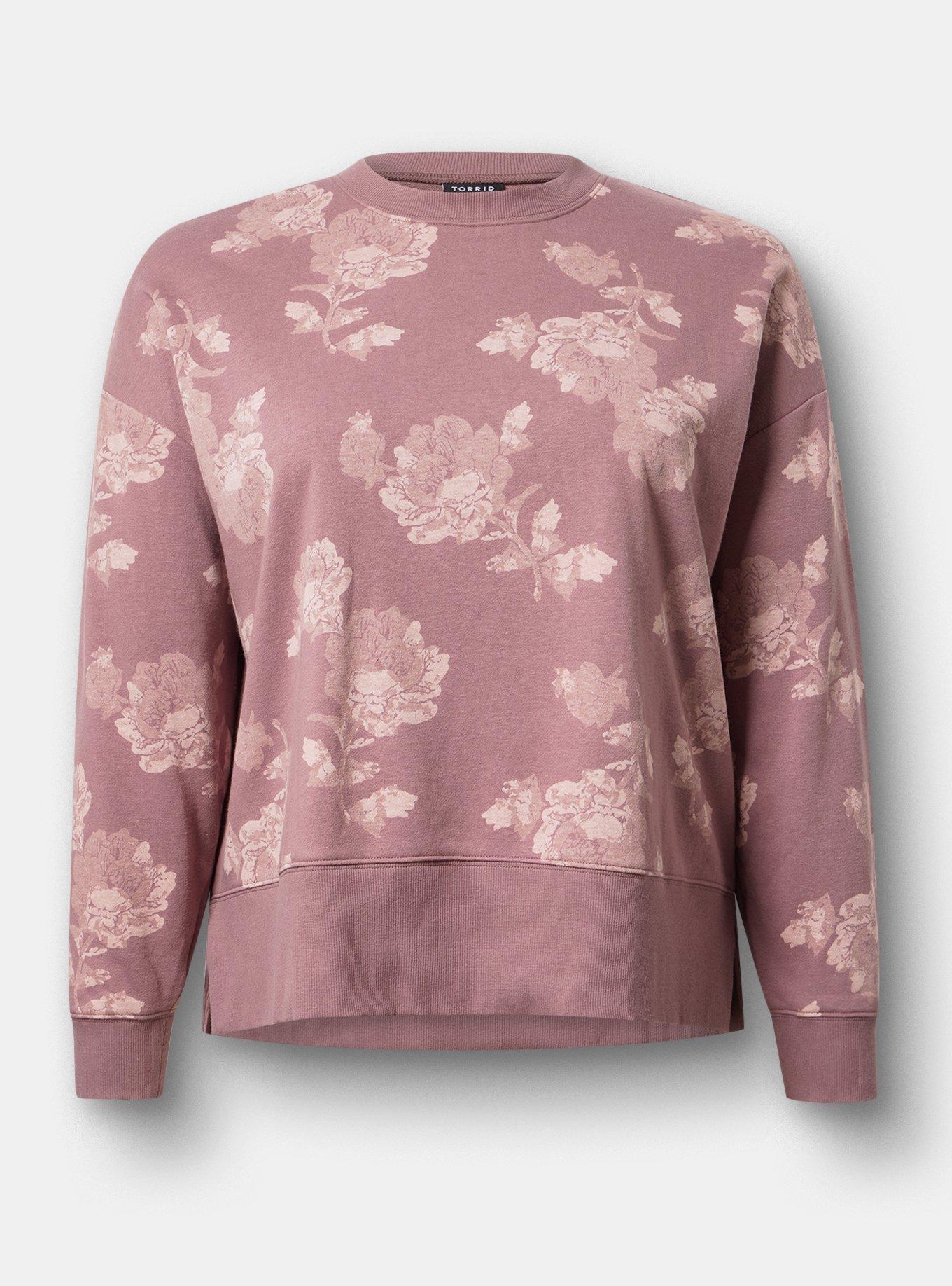 French Terry Drop Shoulder Sweatshirt, FLOWER STAMPS FLORAL TAN, hi-res
